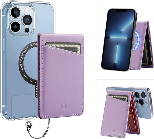 ZICISI Genuine Leather Detachable Magnetic Wallet Compatible with Magsafe Wallets Stand with 5 Card Slots & RFID Blocking&Metal Ring,For Iphone 14/13/12 Pro Max,Samsung and Android Phone Case,Purple  ZICISI   