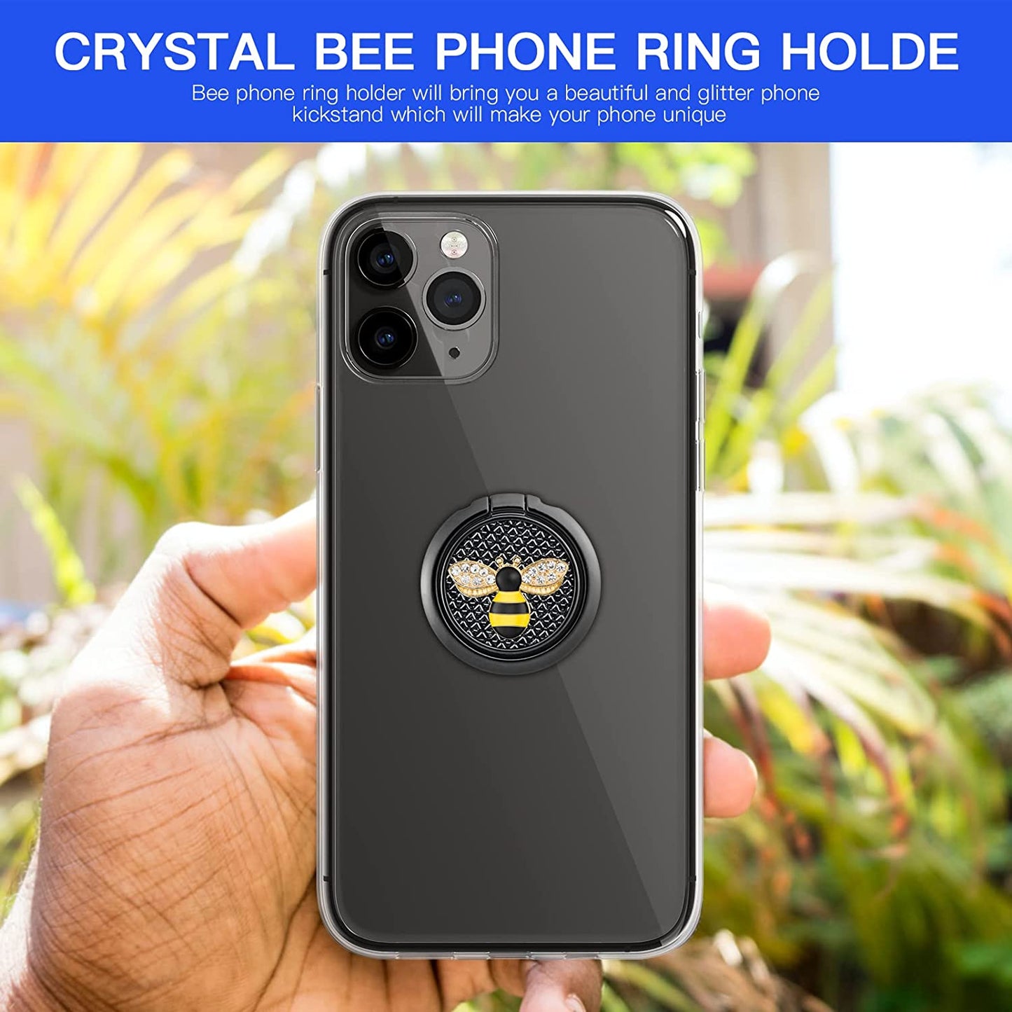 YINHEXI Phone Ring Holder Finger Kickstand, Cell Phone Ring Holder Finger Grip 360 Degree Rotation, with Crystal Stone Enamel Bee (Black)  YINHEXI   