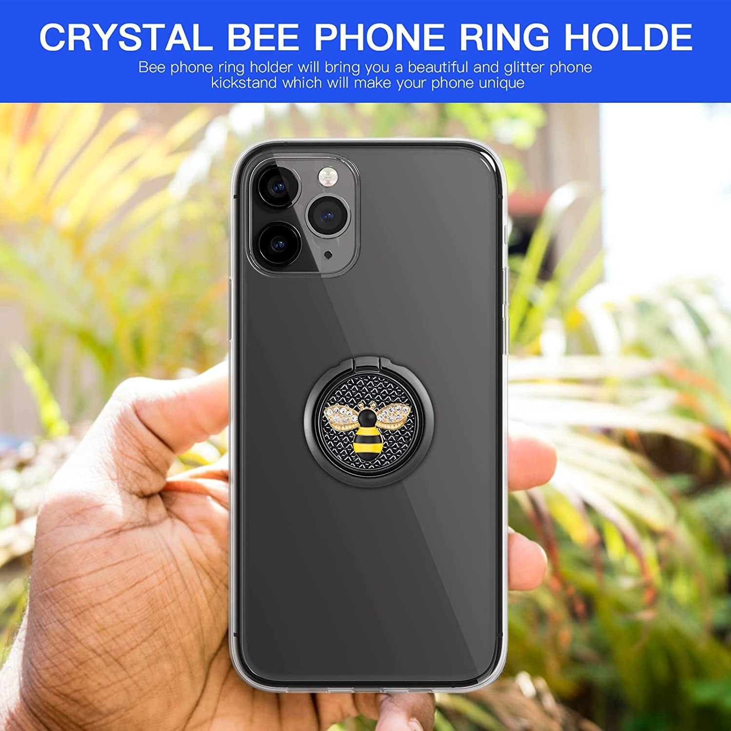 YINHEXI Phone Ring Holder Finger Kickstand, Cell Phone Ring Holder Finger Grip 360 Degree Rotation, with Crystal Stone Enamel Bee (Black)  YINHEXI   