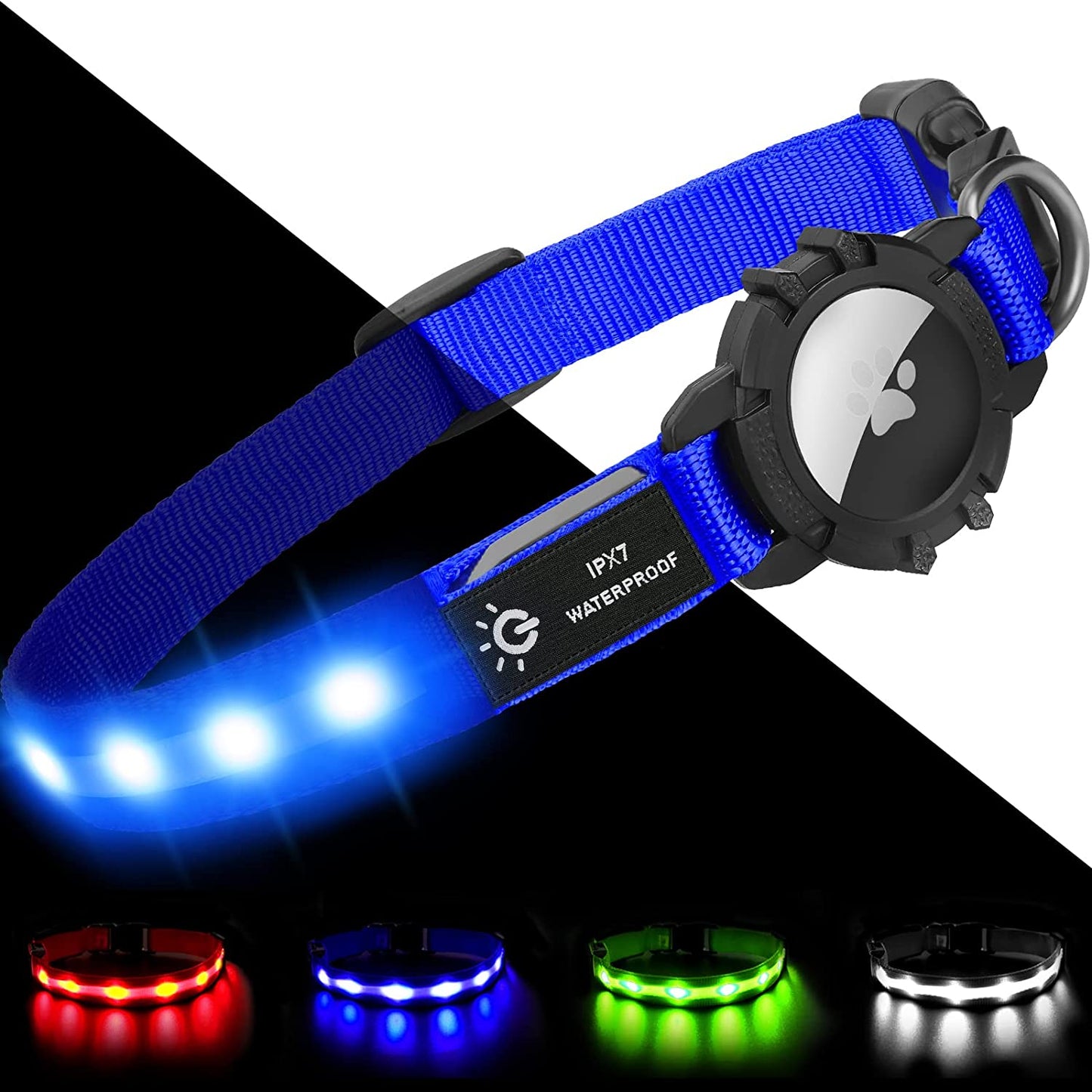 Joytale LED Airtag Dog Collar[100% IPX7 Waterproof], Light up Night Safety Pet Collars for Air Tag, USB C Rechargeable Lighted Glow Nylon Collar with Airtag Holder Case for Large Dogs, Red  Joytale Blue Small (11"- 16") 