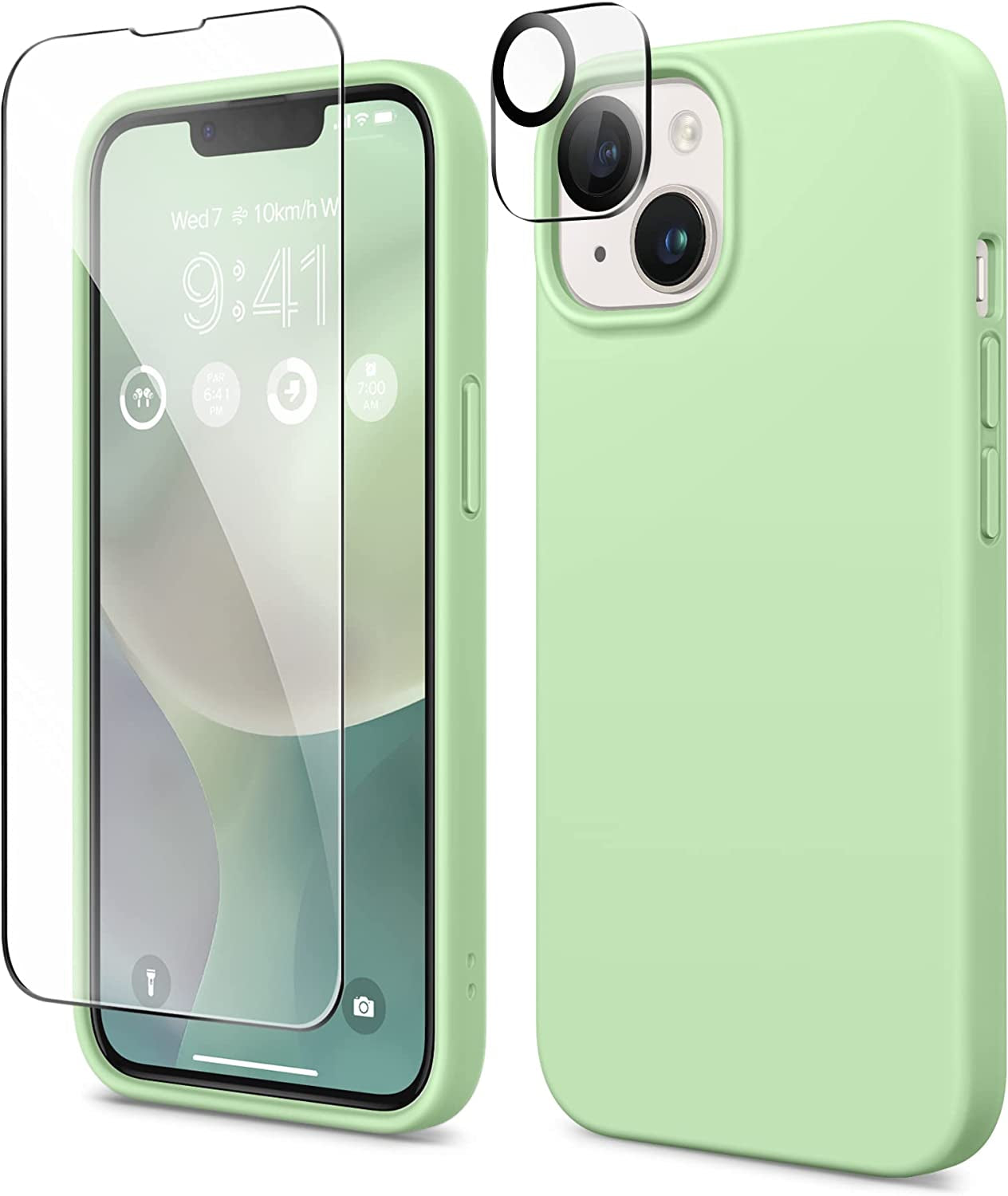 GONEZ for Iphone 14 Case Silicone, with Screen Protector + Camera Lens Protector, [Soft Anti-Scratch Microfiber Lining], Slim Liquid Silicone Shockproof Protective Phone Cover 6.1 Inch, Stone  GONEZ Green  