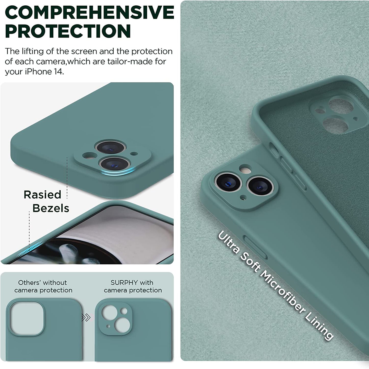 SURPHY Compatible with Iphone 14 Case with Screen Protector (Camera Protection + Soft Microfiber Lining) Liquid Silicone Phone Case 6.1 Inch 2022, Cactus Green  SURPHY   