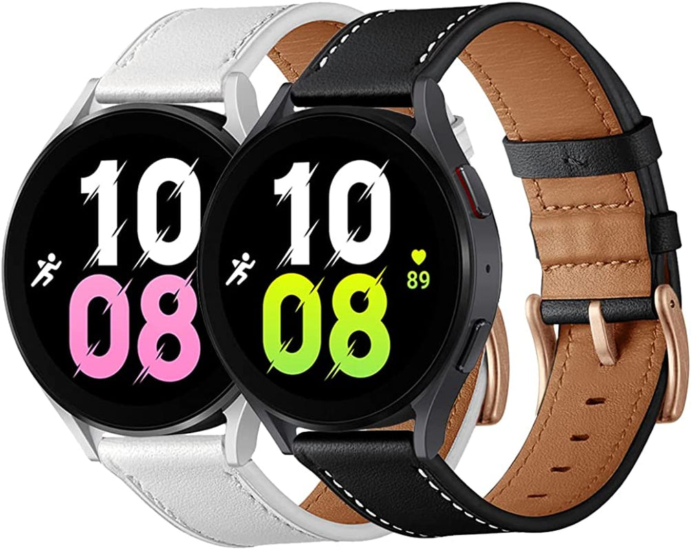 20Mm Leather Band for Samsung Galaxy Watch 5 Pro 45Mm Bands and Galaxy Watch 5 40Mm 44Mm Bands, Watch Band Compatible with Galaxy Watch 4 Band 40Mm 44Mm Galaxy Watch 4 Classic Band 42Mm 46Mm  Kartice Black+White/Rose Gold Buckle  