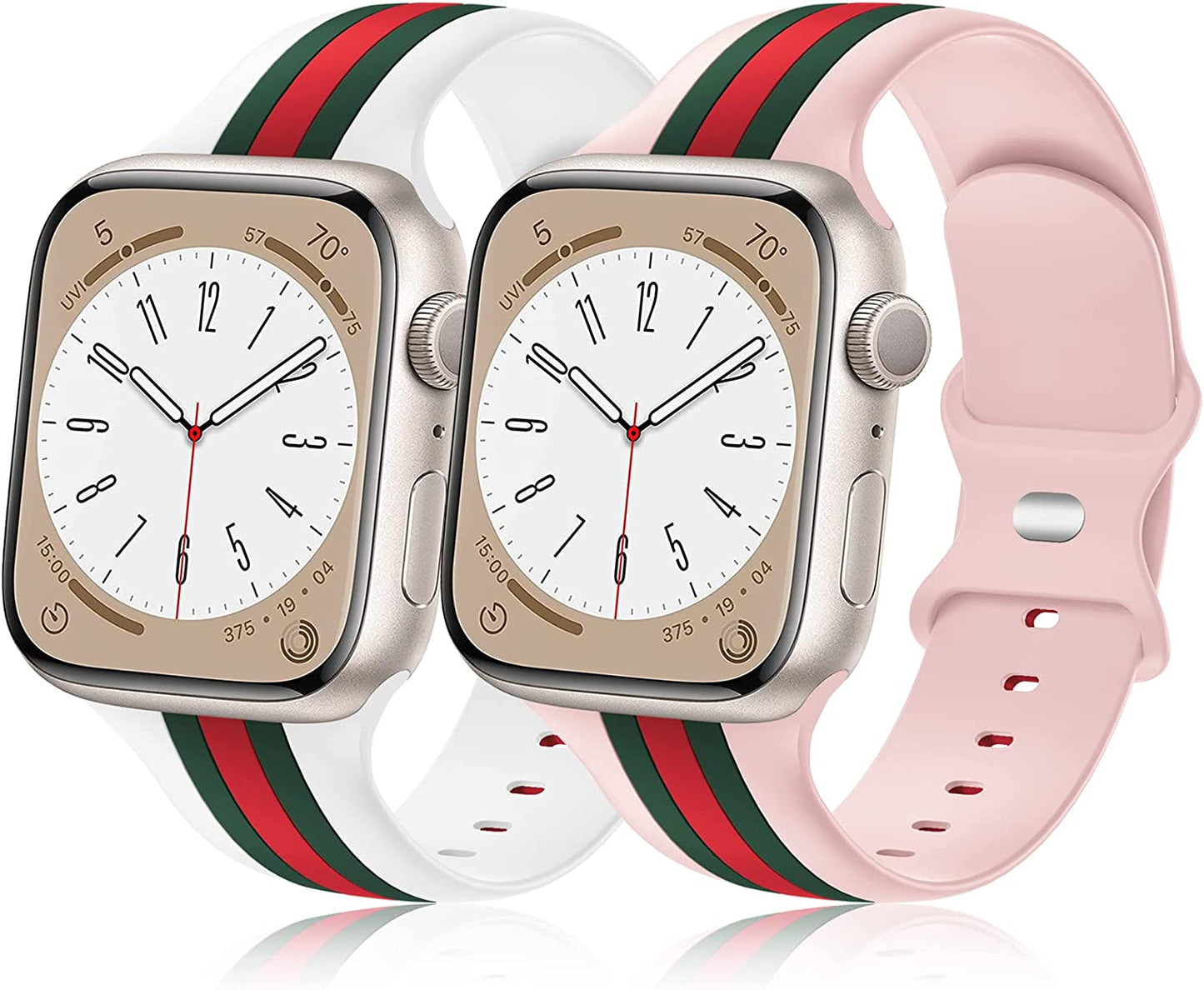[2 Pack] Designer Bands Compatible with Apple Watch Band 38Mm 40Mm 41Mm 42Mm 44Mm 45Mm 49Mm Men Women, Soft Silicone Sport Band Replacement Strap for Apple Watch Ultra Iwatch Series 8 7 SE 6 5 4 3 2 1  Seizehe White/Army Green/Red - Pink/Army Green/Red 38mm/40mm/41mm 