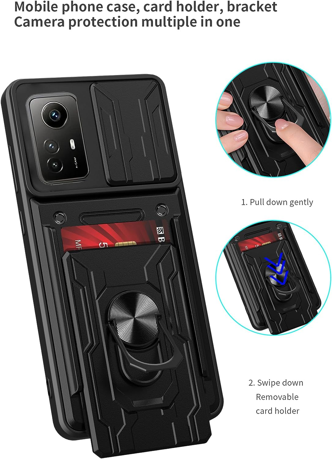 Tncavo for Xiaomi Poco F5 Case with Card Holder, Military Grade Shockproof Heavy Duty Protective with Rotating Ring Kickstand & Camera Cover for Xiaomi Redmi Note 12 Turbo LJ Black  Tncavo   