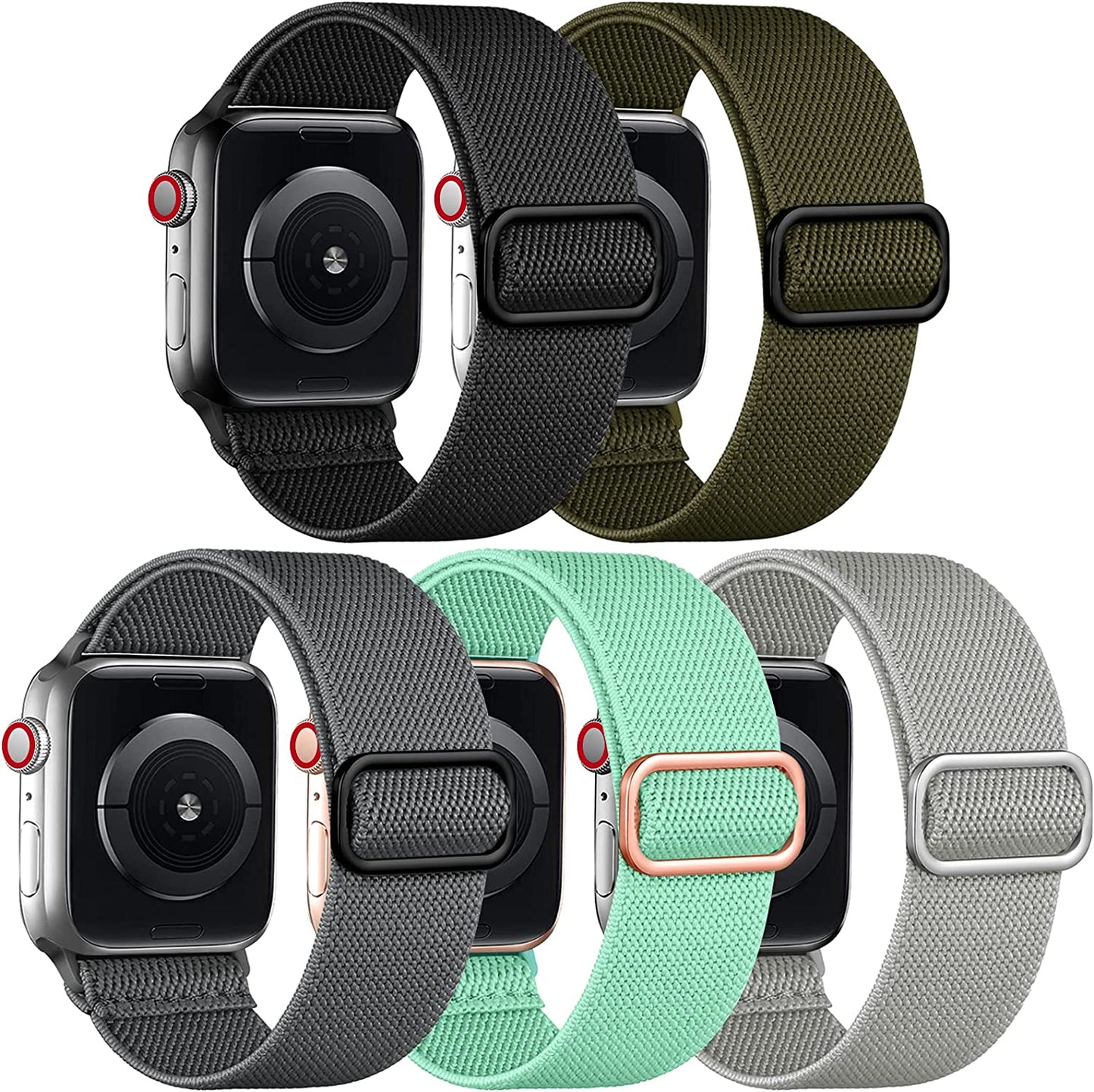 Adorve 5 Pack Stretchy Solo Loop Bands Compatible with Apple Watch Ultral Band 38Mm 40Mm 42Mm 44Mm 41Mm 45Mm 49Mm for Women Men, Soft Nylon Elastic Braided Strap for Iwatch SE Series 8/7/6/5/4/3/2/1  Adorve Black/Gray/Army Green/Light Gray/Mint Green 38mm/40mm/41mm 