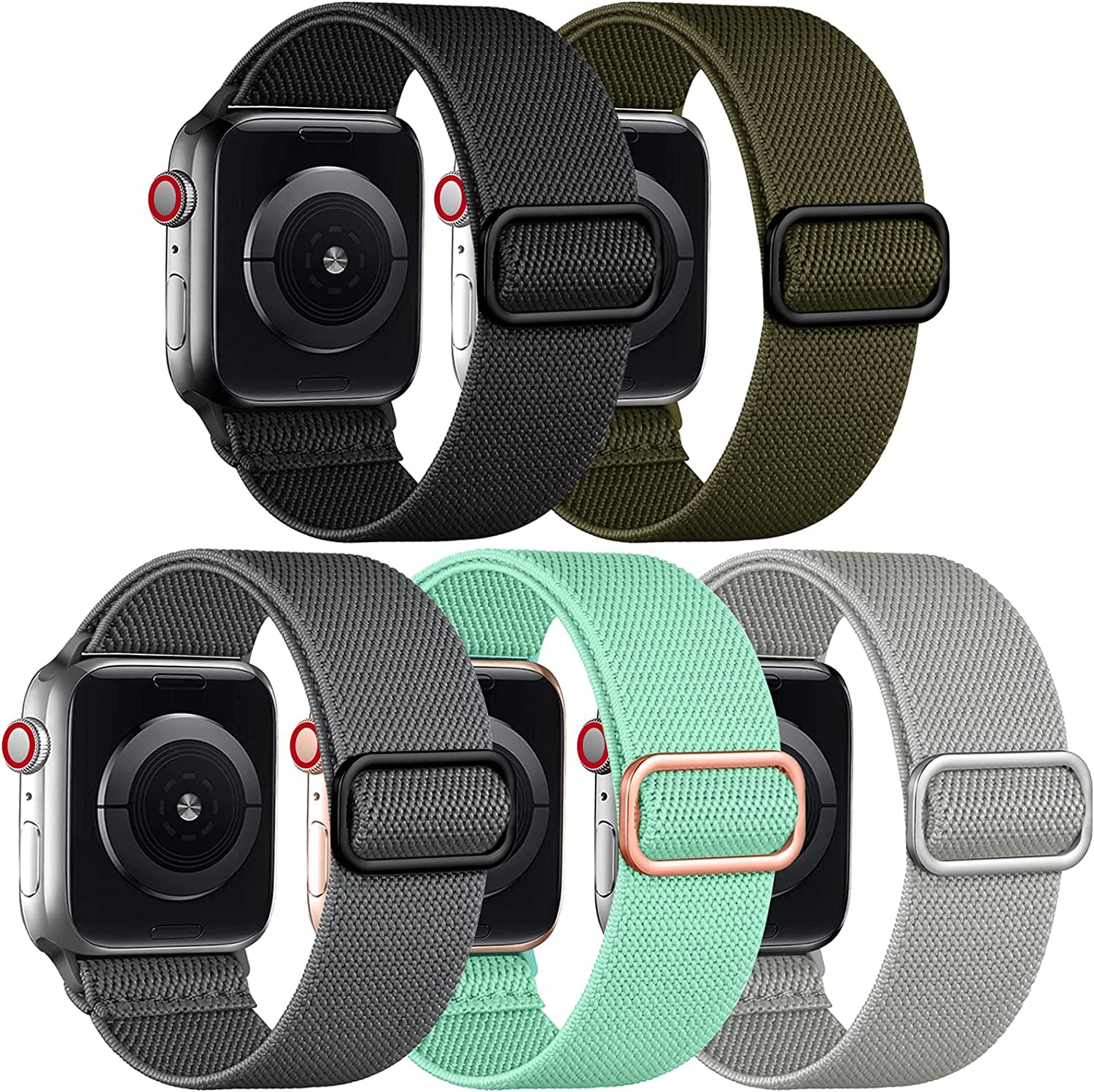 Adorve 5 Pack Stretchy Solo Loop Bands Compatible with Apple Watch Ultral Band 38Mm 40Mm 42Mm 44Mm 41Mm 45Mm 49Mm for Women Men, Soft Nylon Elastic Braided Strap for Iwatch SE Series 8/7/6/5/4/3/2/1  Adorve Black/Gray/Army Green/Light Gray/Mint Green 38mm/40mm/41mm 