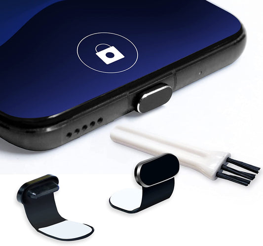 USB-C Port Covers (2-Pack) Aluminum Finish, Compatible with Samsung Galaxy, Android, Cell Phones- Attachable Dust Plugs, Includes Cleaning Tool  PortPlugs   
