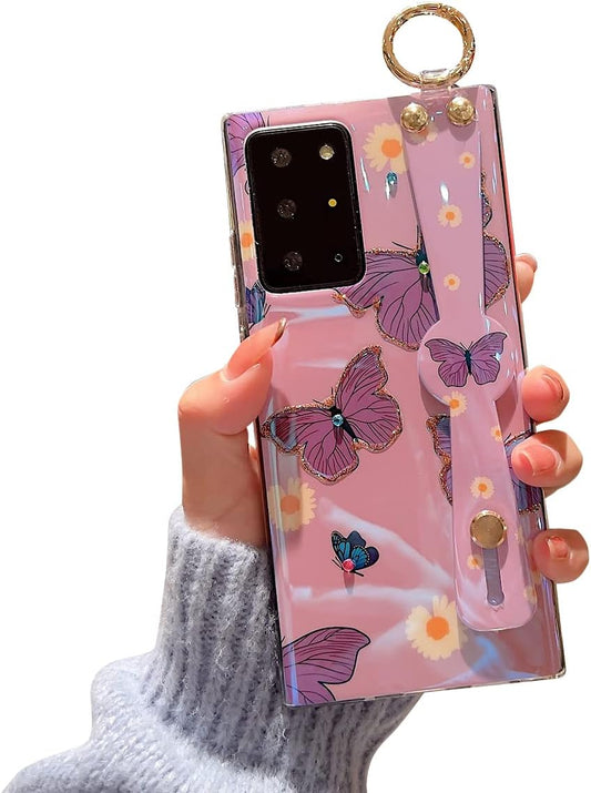 Lastma for Samsung Galaxy Note 20 Ultra Case Cute with Wrist Strap Kickstand Case 5G Glitter Bling Cartoon IMD Soft TPU Shockproof Protective Phone Cases Cover for Girls and Women - Purple Butterfly  Lastma   