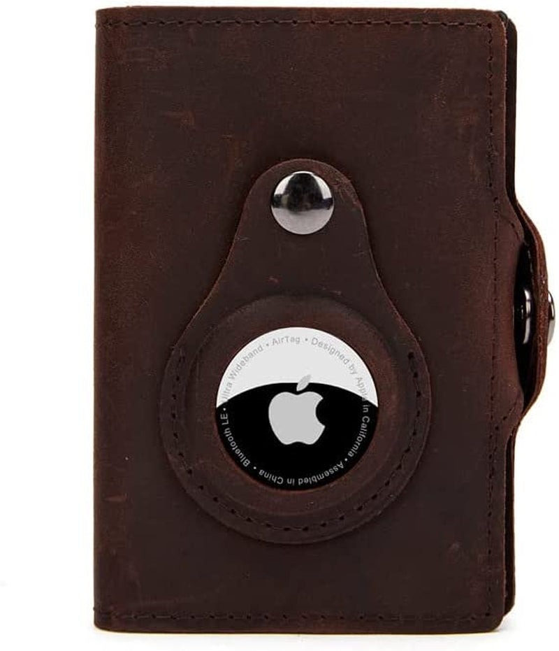 JAT Leather Airtag Men Wallet Genuine Crazy Horse Leather Automatic Pop up Wallet with Airtag Front Pocket (Carbon Fiber)  JAT Snap closure brown  