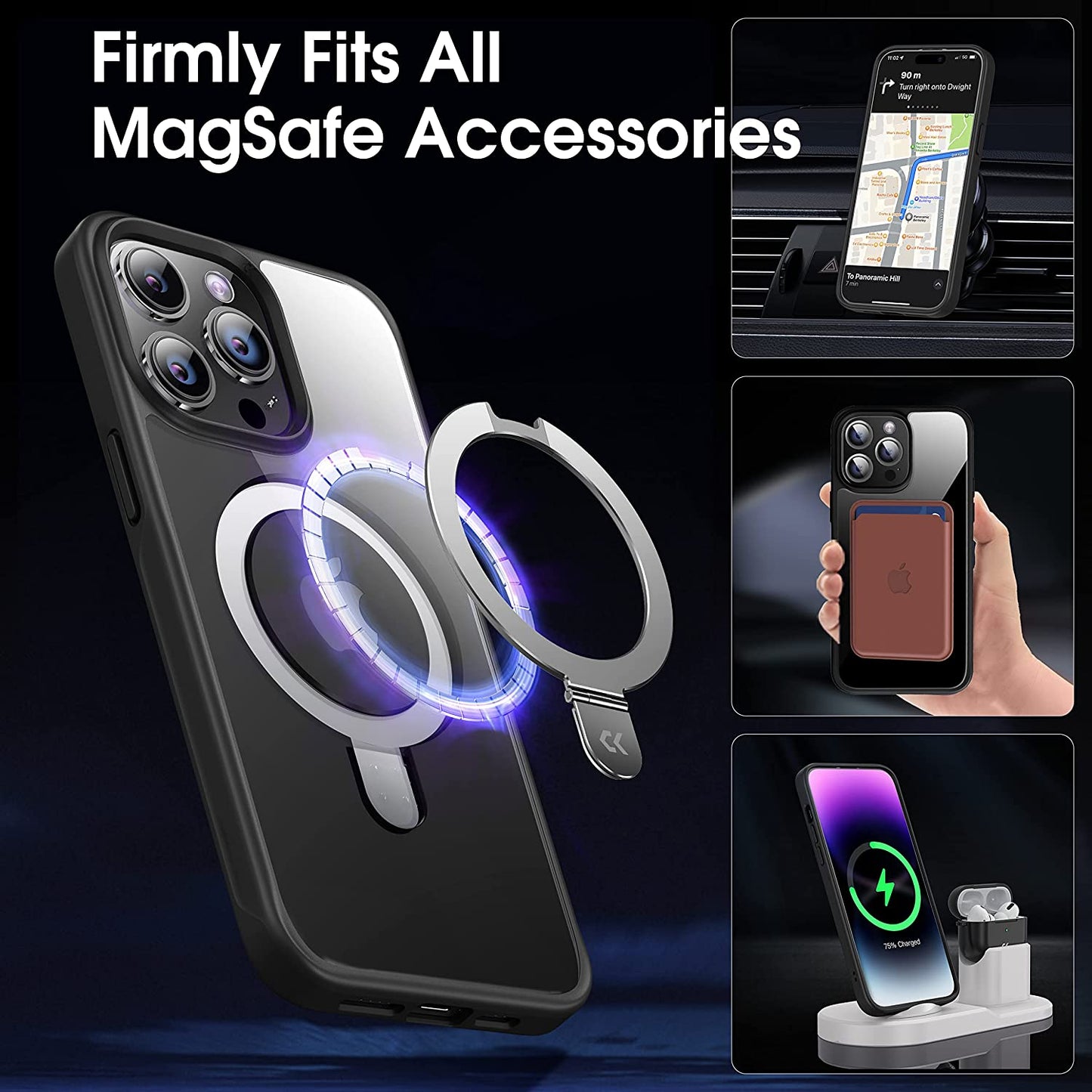 CASEKOO Magnetic Clear for Iphone 14 Pro Case with Invisible Stand [Compatible with Magsafe] [Non Yellowing] Shockproof Protective Slim Ring Holder for Women Men Phone Case 6.1 Inch 2022, Black  CASEKOO   