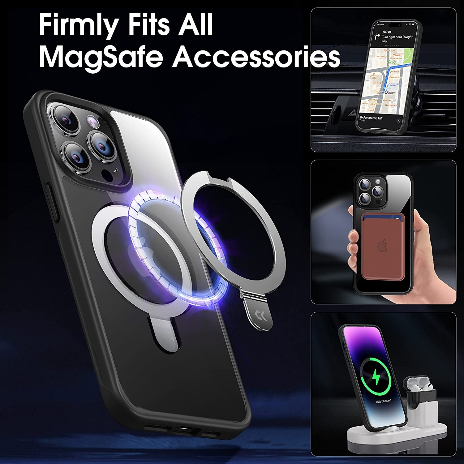 CASEKOO Magnetic Clear for Iphone 14 Pro Case with Invisible Stand [Compatible with Magsafe] [Non Yellowing] Shockproof Protective Slim Ring Holder for Women Men Phone Case 6.1 Inch 2022, Black  CASEKOO   