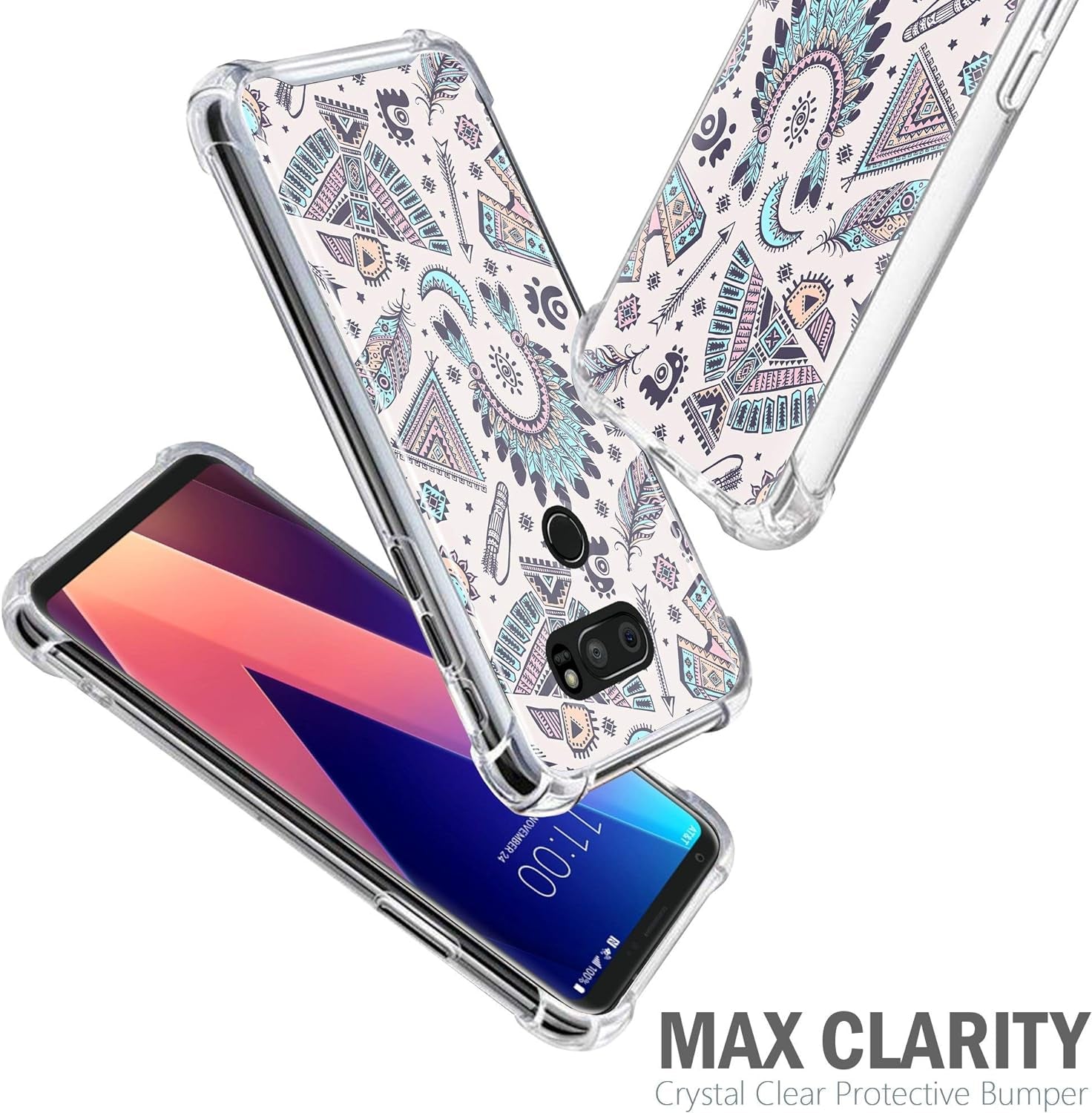 Casesondeck Crystal Case Compatible with [LG V30S Thinq and LG V30] Thin Slim Anti-Slip Grip Case with Bumper Edges Hard Back (Blue Tribal)  CasesonDeck   