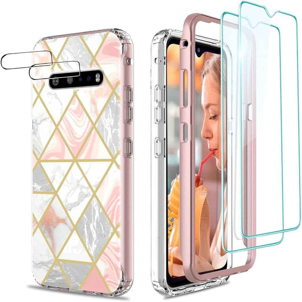 Jeylly Case for LG V60 Thinq, Heavy Duty Shock-Absorption anti Scratch Non Slip Women Girls Marble Full Body Protective Case, Hard PC Soft TPU Hybrid Bumper Case for LG V60 6.8 Inch 2020 - Jade Green  Jeylly Rose Gold  