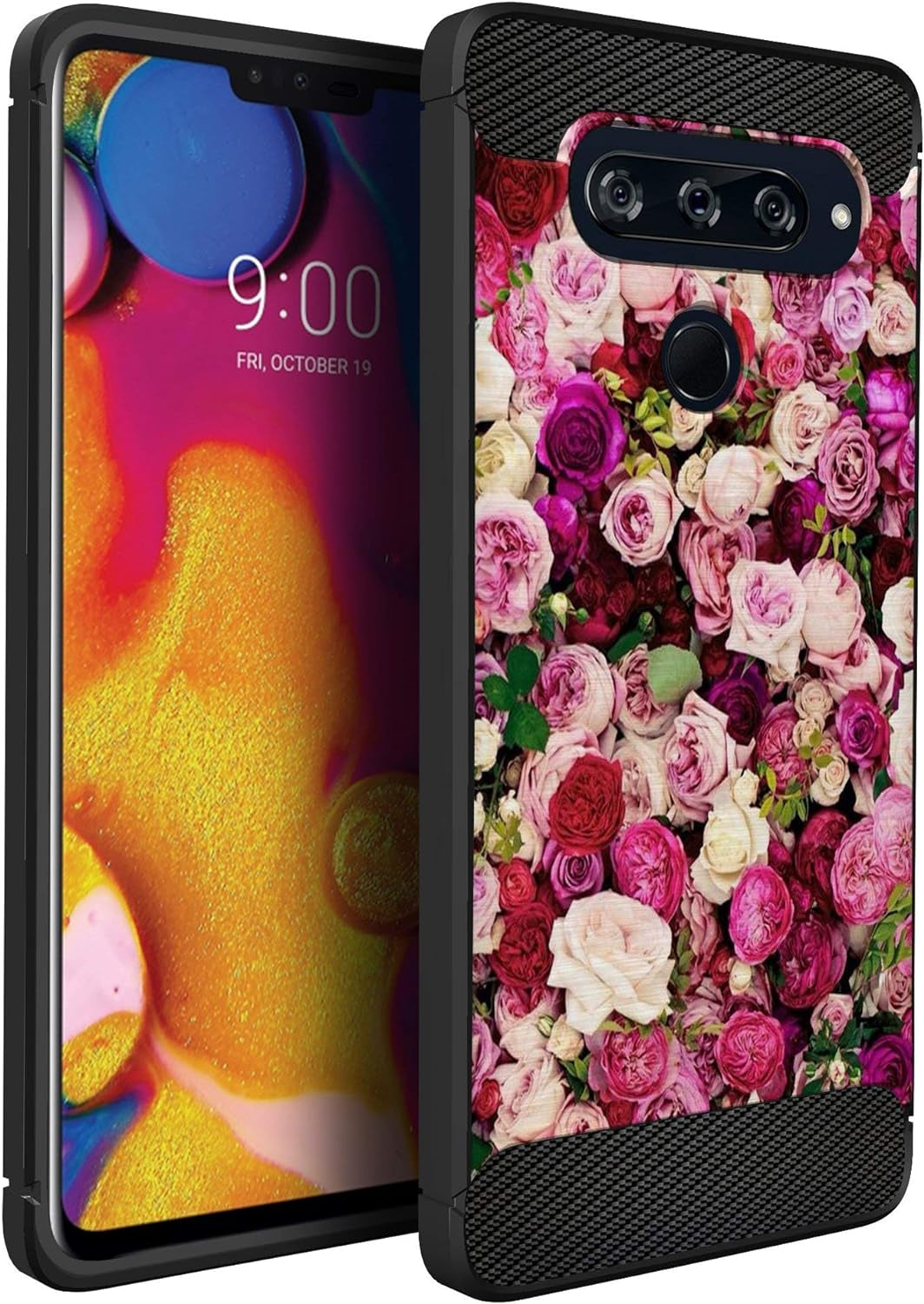 Casesondeck Fitted Case Compatible with [LG V40 Thinq] Carbon Fiber Accents Bump and Drop Protecting Flexible TPU (Blue Digital Camo)  CasesonDeck Pink Roses  