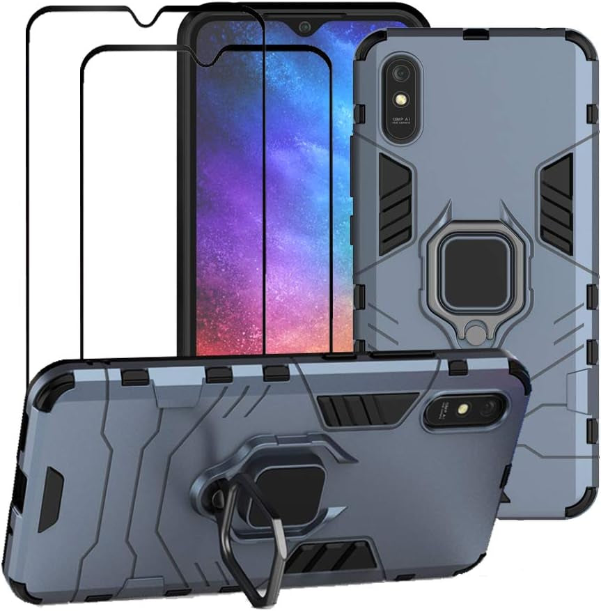 Fadream for Xiaomi Redmi 9A Case, Rugged Shockproof Dual Layer Heavy Duty Protective Kickstand Cover with [2 Pack] Tempered Glass Screen Protector (Blue)  FaDream   