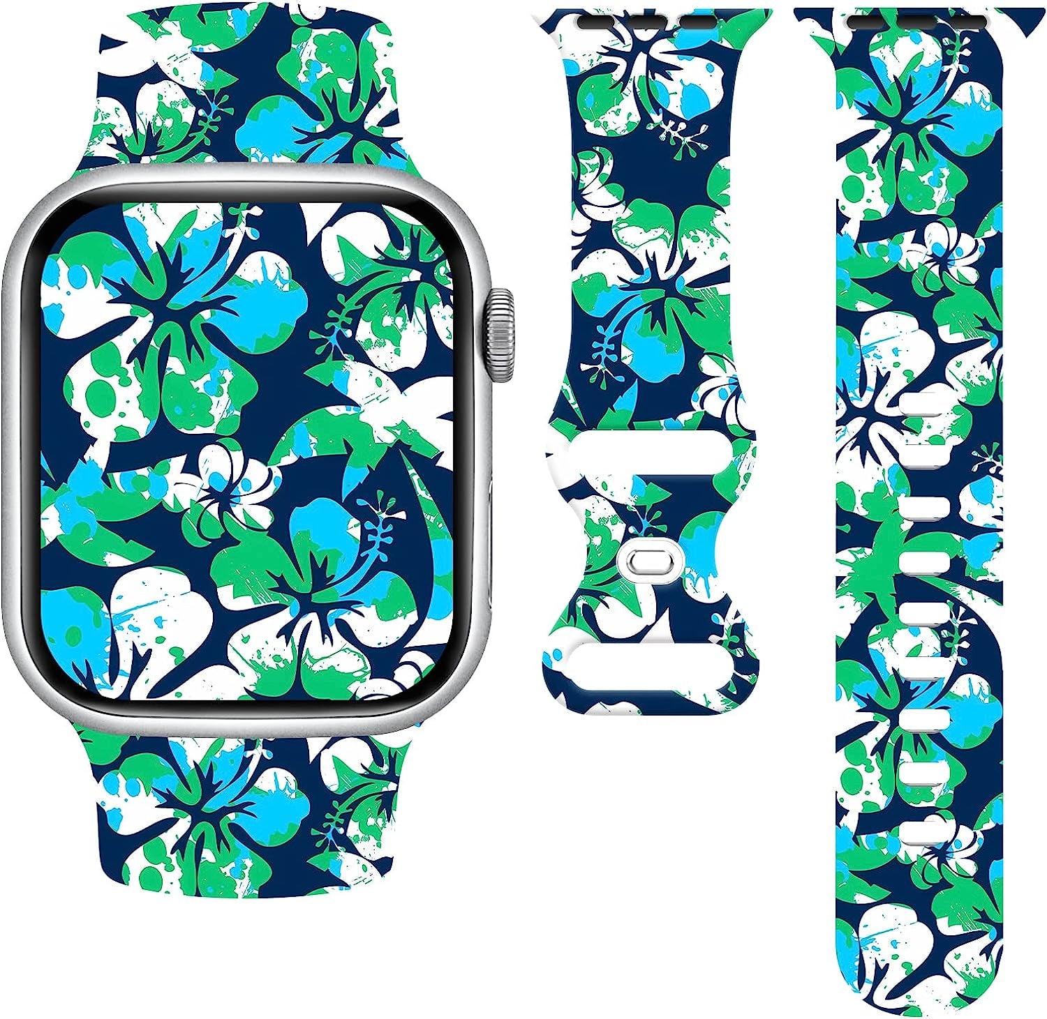 Summer Tropical Floral Watch Band Compatible with Apple Watch 38Mm 40Mm 41Mm 42Mm 44Mm 45Mm, Palm Tree Pattern Silicone Replacement Bands Wristbands Strap Compatible with All Iwatch Series  WANSENCE Tropical-1 42mm/44mm/45mm 