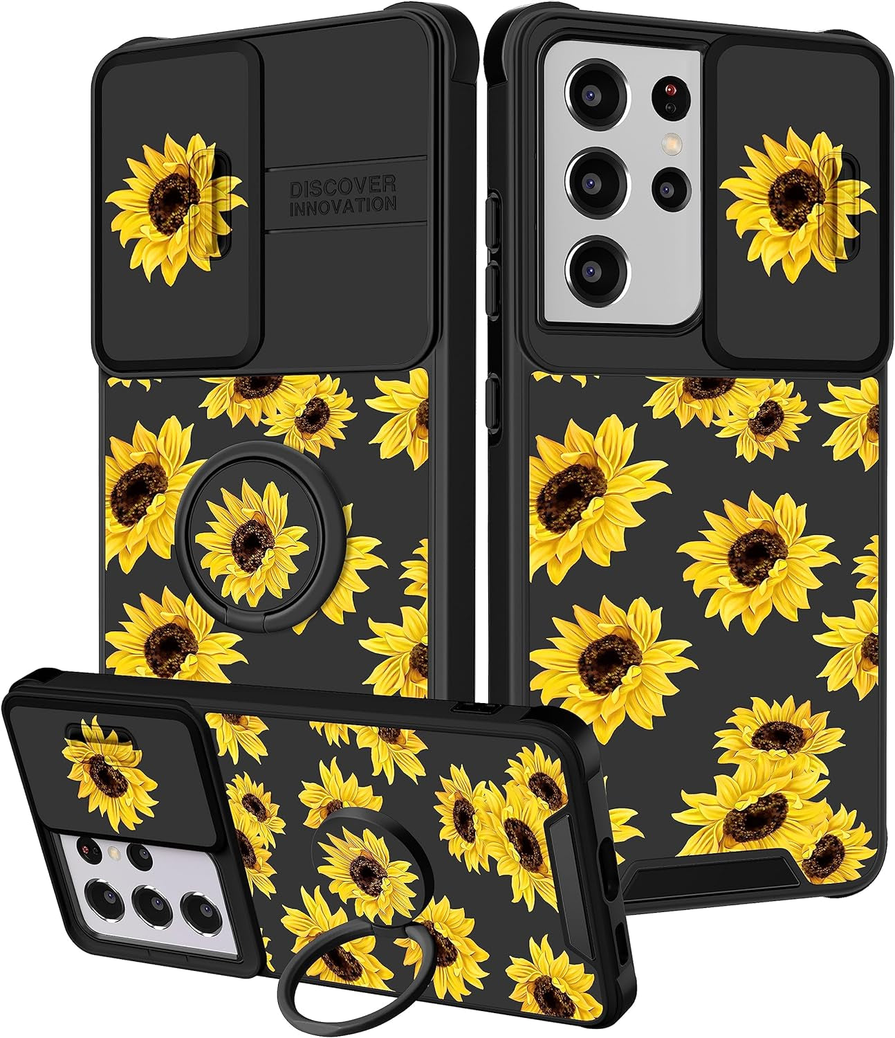 Funermei (2In1 for Samsung Galaxy S21 Ultra Case for Women Sunflower Cute Girls Phone Cover Flowers Floral Girly Sun Flower Black Design with Camera Cover+ Ring Stand for S21 Ultra Case  Funermei   