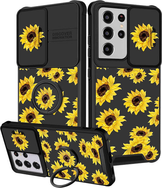 Funermei (2In1 for Samsung Galaxy S21 Ultra Case for Women Sunflower Cute Girls Phone Cover Flowers Floral Girly Sun Flower Black Design with Camera Cover+ Ring Stand for S21 Ultra Case  Funermei   