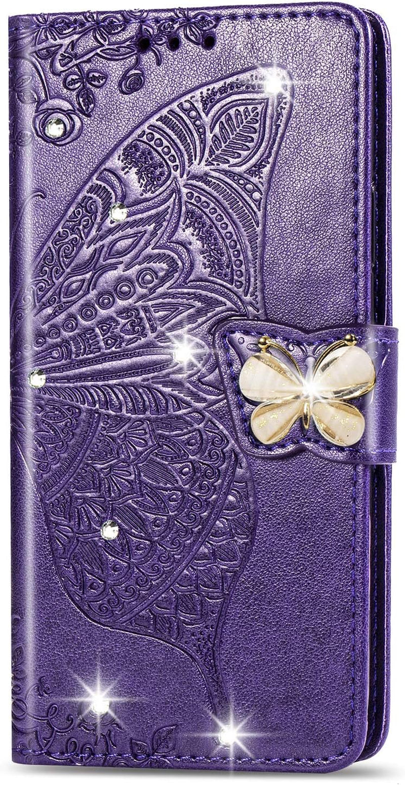 ZYZX LG G8 Thinq Wallet Case,3D Butterfly Flower LG G8 Thinq PU Leather Flip Phone Shell, with Credit Cards Slot and Stand Shockproof Magnetic Protective Cover-Hzd  ZYZX Rhinestone Deep Purple  