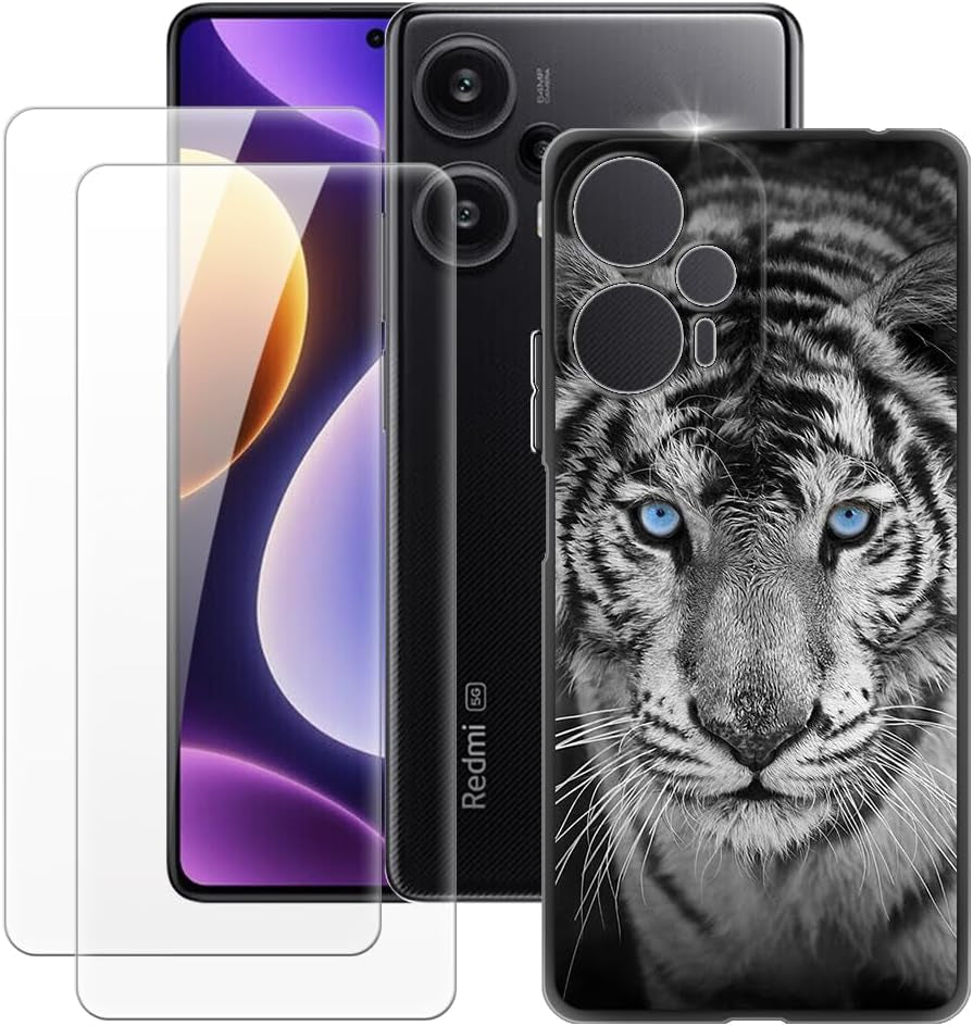 MILEGAO Xiaomi Redmi Note 12 Turbo 5G Case + 2PCS Screen Protector Tempered Glass, Ultra Thin Bumper Shockproof Soft TPU Silicone Cover for Xiaomi Poco F5 5G (6.67”)  MILEGAO Tiger  
