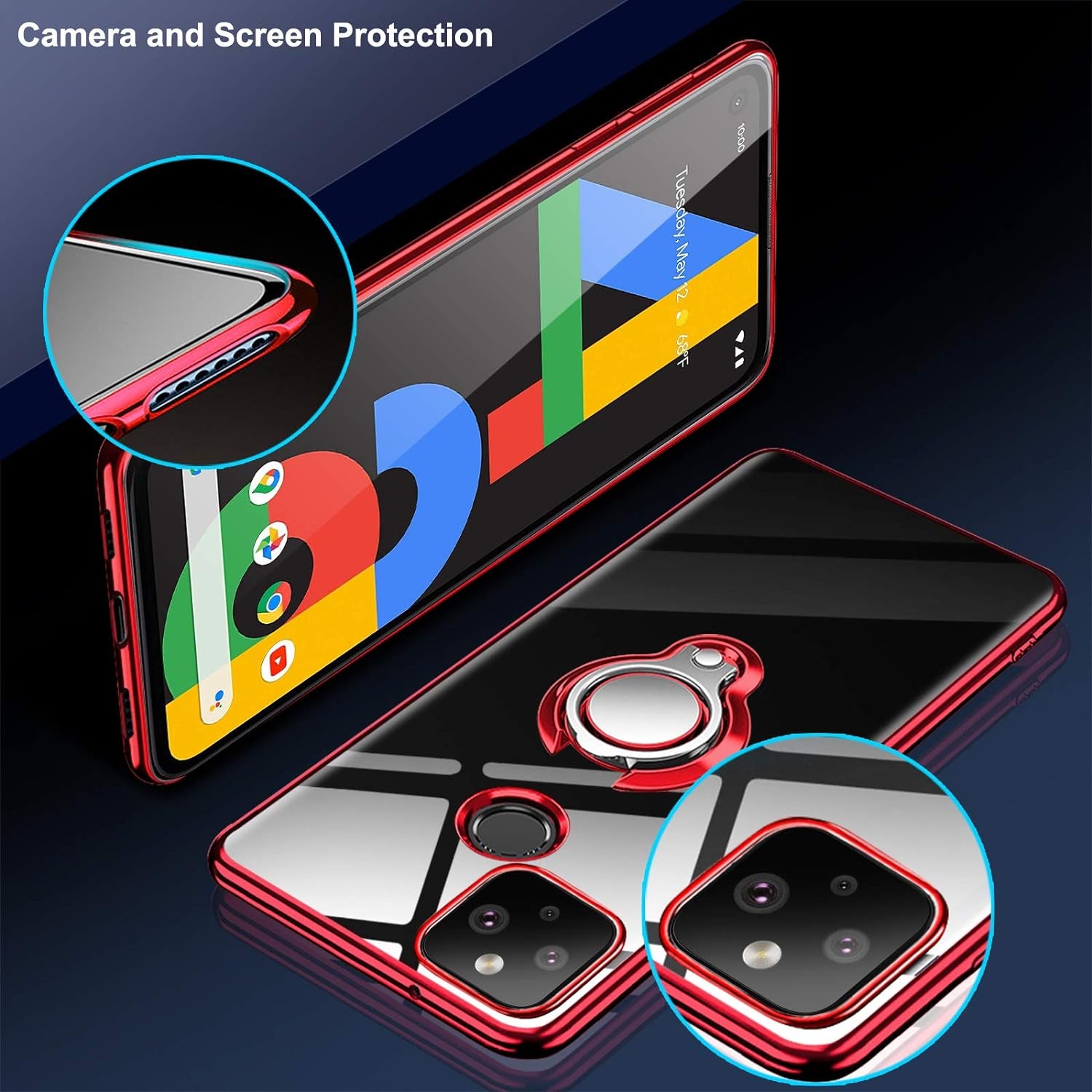 Google Pixel 4A 5G Case Crystal Clear Soft Silicone Case with 360° Rotatable Ring Holder Kickstand TPU Case Slim Fit Cover for Pixel 4A 5G (2020) 6.2" - Red  Guuboly   