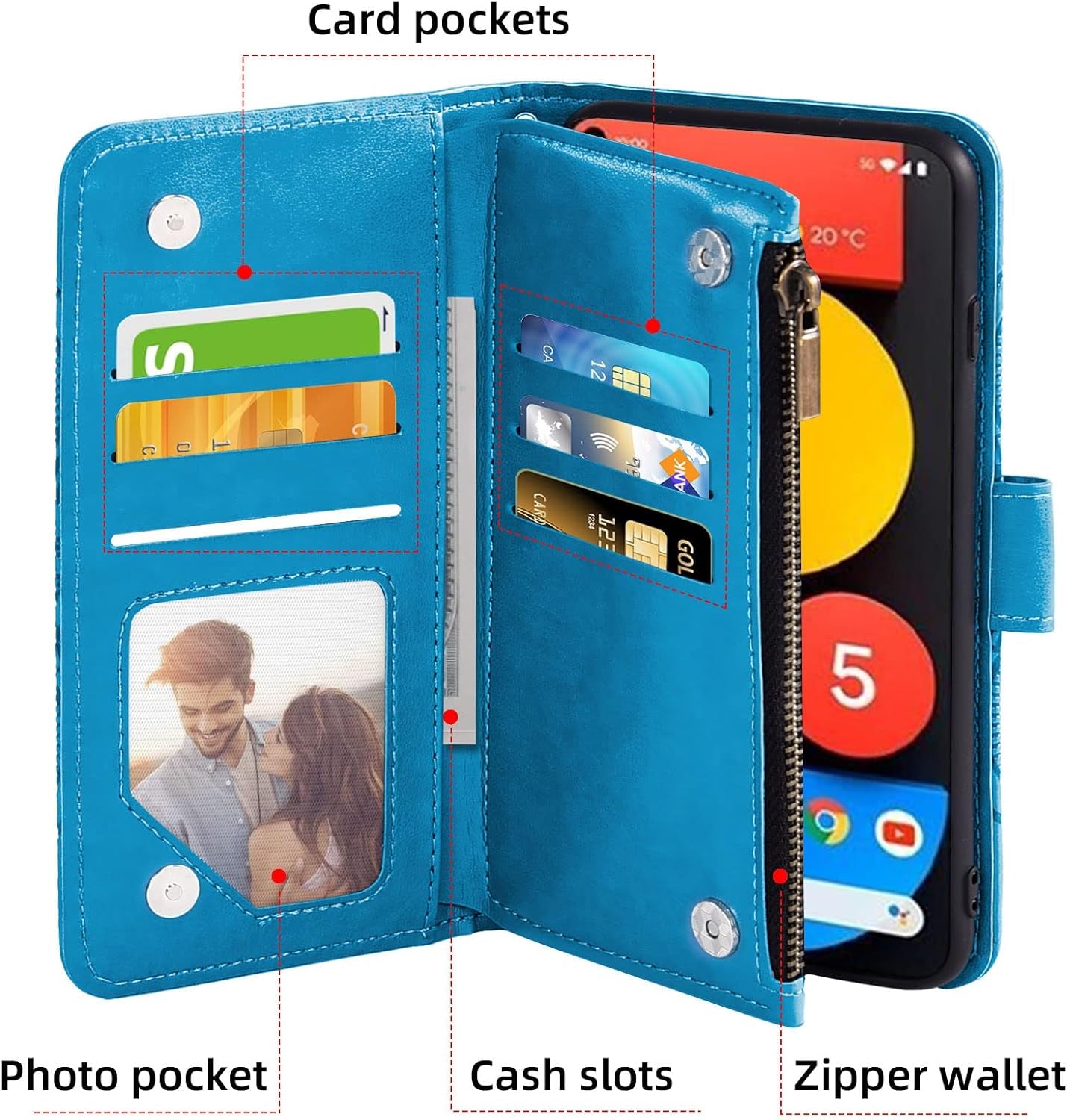 Asuwish Phone Case for Google Pixel 4A 5G 6.2 Wallet Cover with Tempered Glass Screen Protector and Flower Flip Credit Card Holder Stand Cell Pixel4A5G UW Pixel4A 5G Pixle A4 G5 4A5G Women Men Blue  Asuwish   