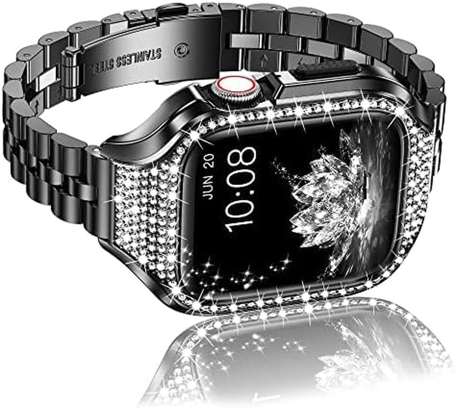 Miohhr Metal Case with Band Compatible with Apple Watch Band Series 8 7(41Mm),Series 6/5/4 (40Mm),Series 3/2/1 (38Mm),Slim Stainless Steel Strap with Bling Diamond Protective Bumper Cover for Iwatch Bands Women  MioHHR Black 38/40/41mm 