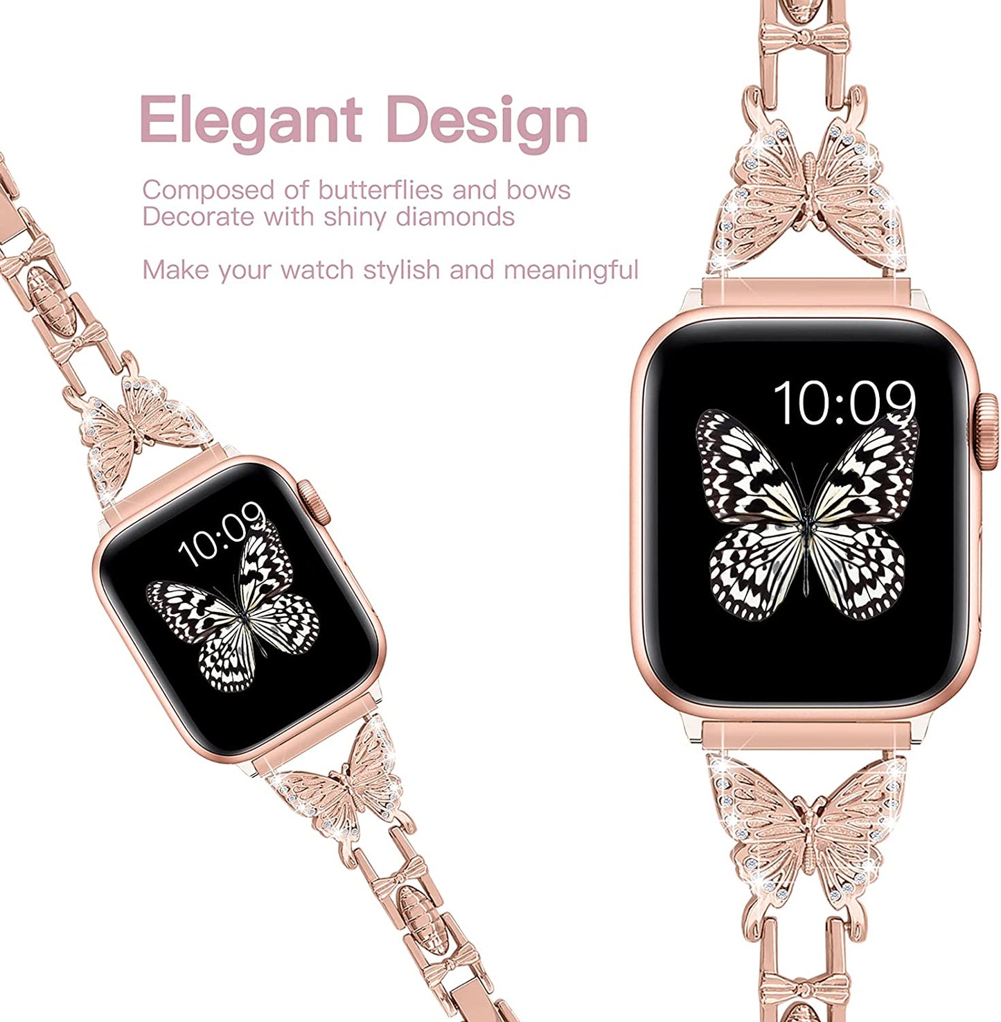 Wipalor Compatible with Apple Watch Band 42Mm 44Mm 45Mm 49Mm, Lightweight for Women, Easy Adjustable Bracelet, Shiny Diamond on Butterfly, Jewelry Metal Strap for Iwatch Series 8 7 6 5 4 3 2 1 SE Ultra(Rose Gold)  NB-tech Company   