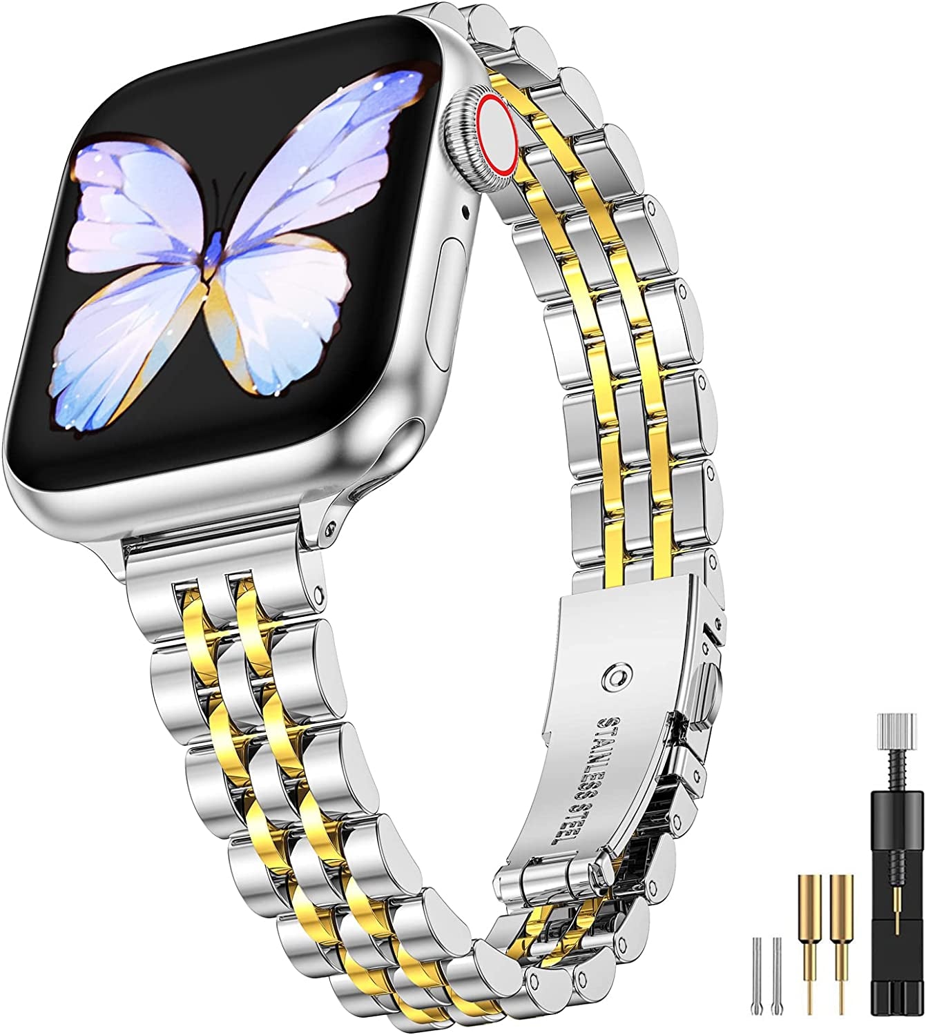 Miohhr Slim Metal Bands Compatible with Apple Watch Ultra Band (49Mm) Series 8/7(45Mm 41Mm),Series SE 6/5/4(40Mm 44Mm),Series 3/2 /1(38Mm 42Mm), Thin Stainless Steel Chain Strap for Women Iwatch Band  MioHHR   