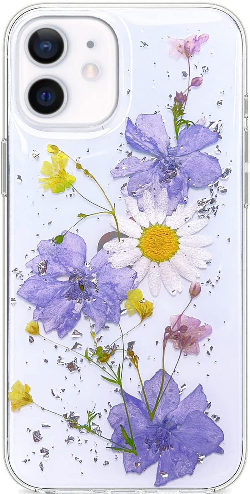 Abbery Designed for Iphone 12 Mini Case Glitter Flower Cute Bling Sparkle Clear with Design Soft Silicone TPU Real Dried Pressed Flowers Floral Aesthetic Phone Cover for Women Girls (3 Pink Flower)  Abbery Purple Daisy Flower  