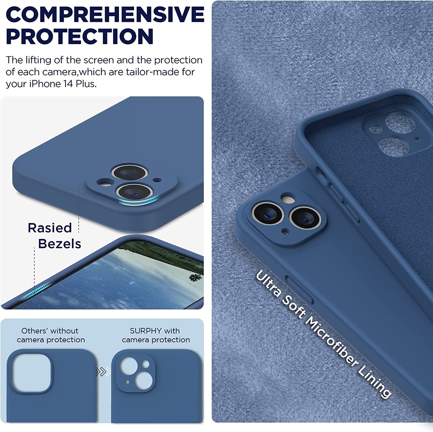 SURPHY Compatible with Iphone 14 Case with Screen Protector (Camera Protection + Soft Microfiber Lining) Liquid Silicone Phone Case 6.1 Inch 2022, Blue Jay  SURPHY   