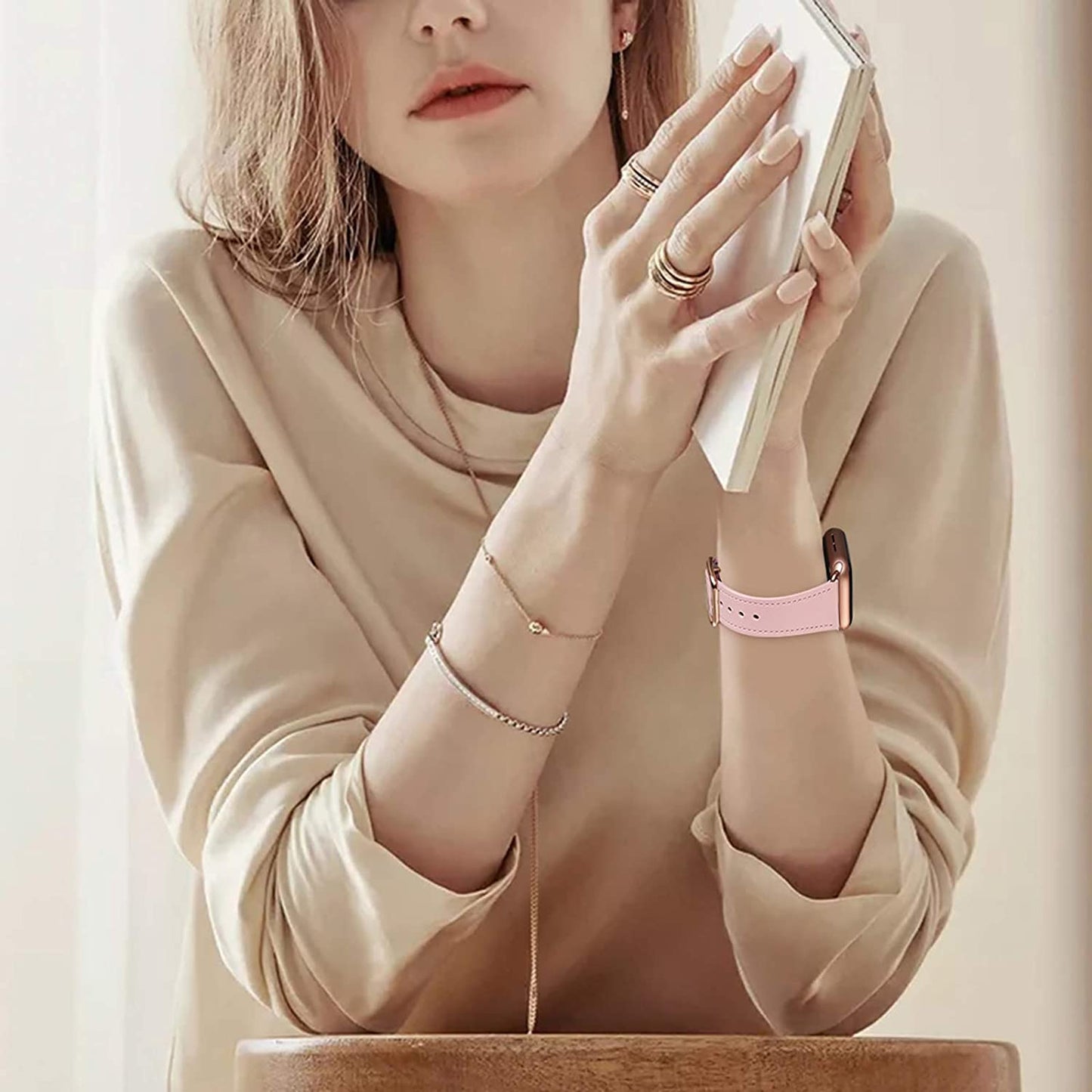 MNBVCXZ Compatible with Apple Watch Band 38Mm 40Mm 41Mm 42Mm 44Mm 45Mm 49Mm Women Men Girls Boys Genuine Leather Replacement Strap for Iwatch Series 8 7 6 5 4 3 2 1 Iwatch Ultra SE (Pink Sand/Rose Gold)  MNBVCXZ-US   