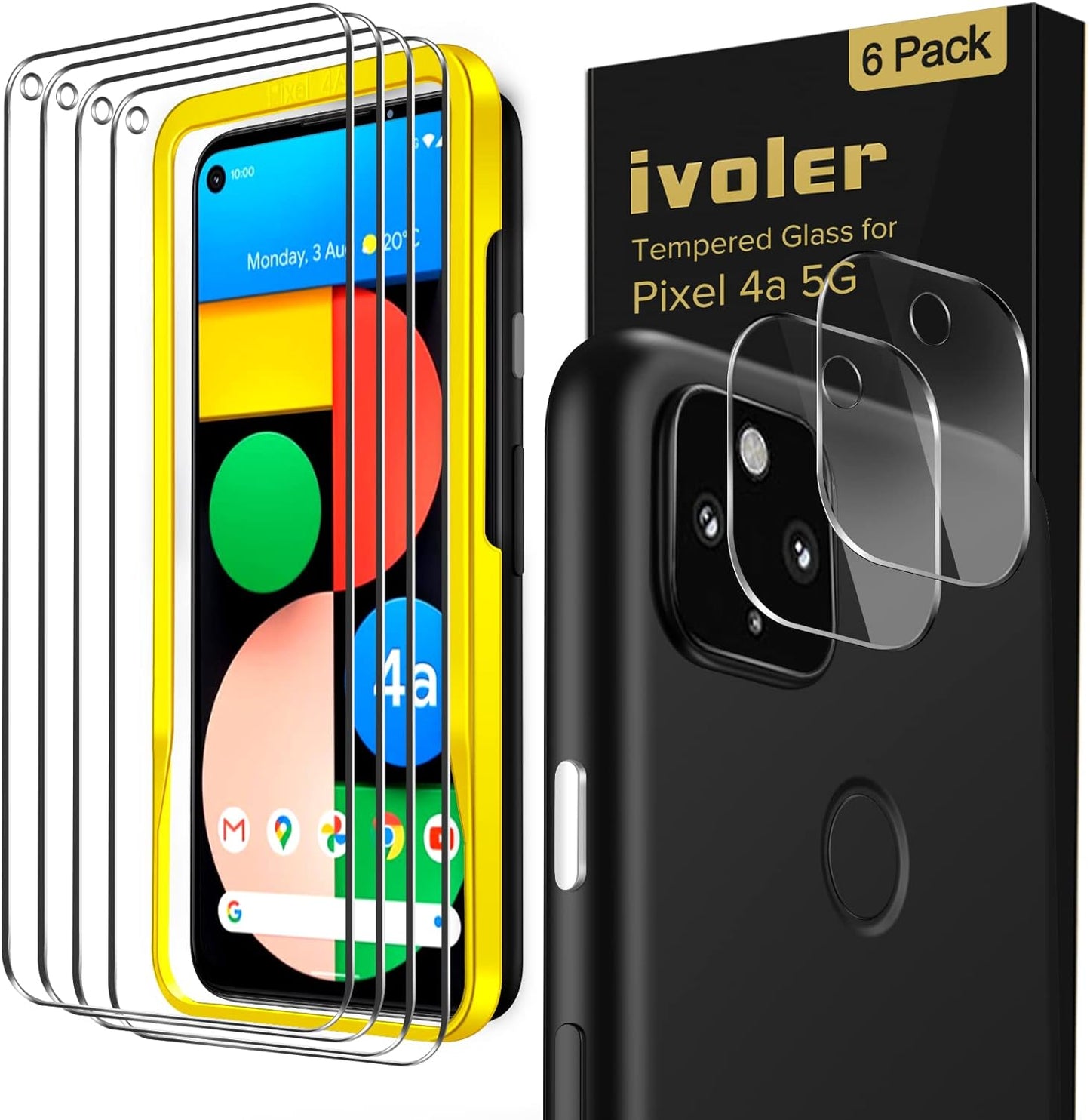 Ivoler [6 Pack] [4 Pack] Tempered Glass Screen Protector for Google Pixel 4A 5G with [2Pack] Camera Lens Protector with [Alignment Frame Easy Installation],Hd Clear Anti-Scratch Film,6.2 Inch  iVoler   