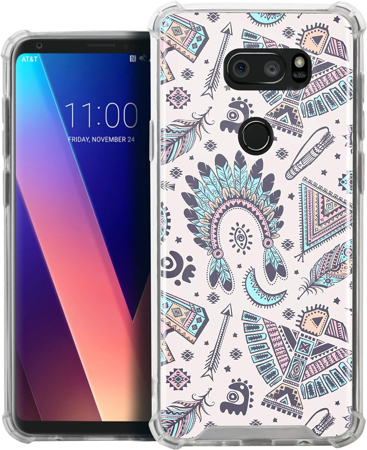Casesondeck Crystal Case Compatible with [LG V30S Thinq and LG V30] Thin Slim Anti-Slip Grip Case with Bumper Edges Hard Back (Blue Tribal)  CasesonDeck   