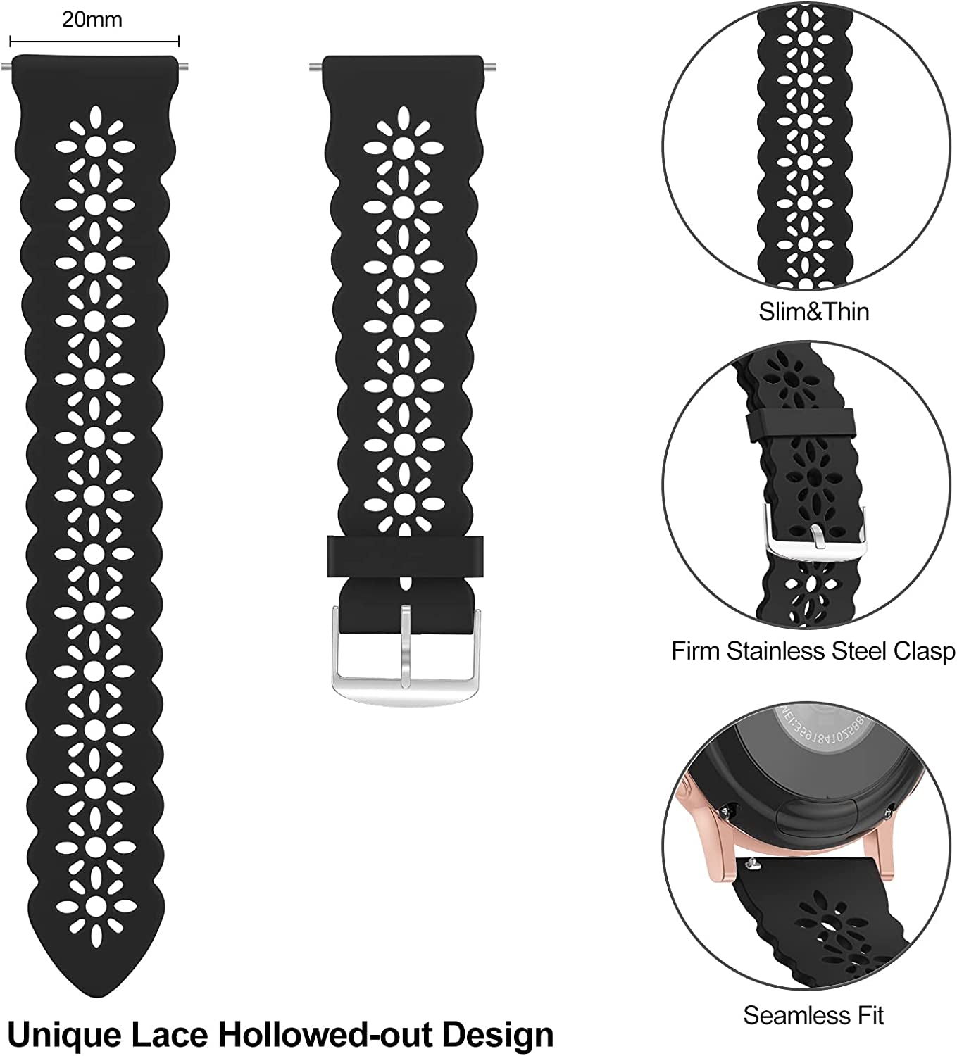 Lace Silicone Band 20Mm Compatible for Samsung Galaxy Watch 4 40Mm 44Mm/Watch 3 41Mm/Active 2 Watch Bands 40Mm 44Mm/Watch 4 Classic 42Mm 46Mm, Slim Bands Soft Smartwatch Strap for Women(Black)  Seizehe   