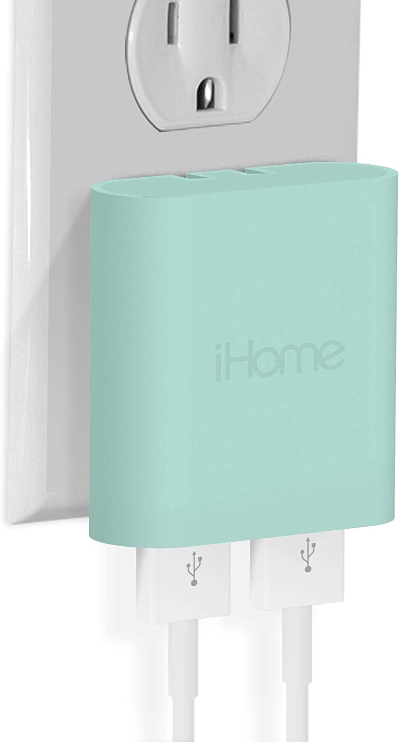 Ihome Slim USB Wall Charger: AC Pro Multiport USB Charger, USB Plug Adapter & Phone Charging Block, 4 USB Plugs for Wall Outlet, Flat 4 Port USB Charger & USB Wall Adapter  iHome by Lifeworks Technology Pastel Green 2 Port Rapid Charge 