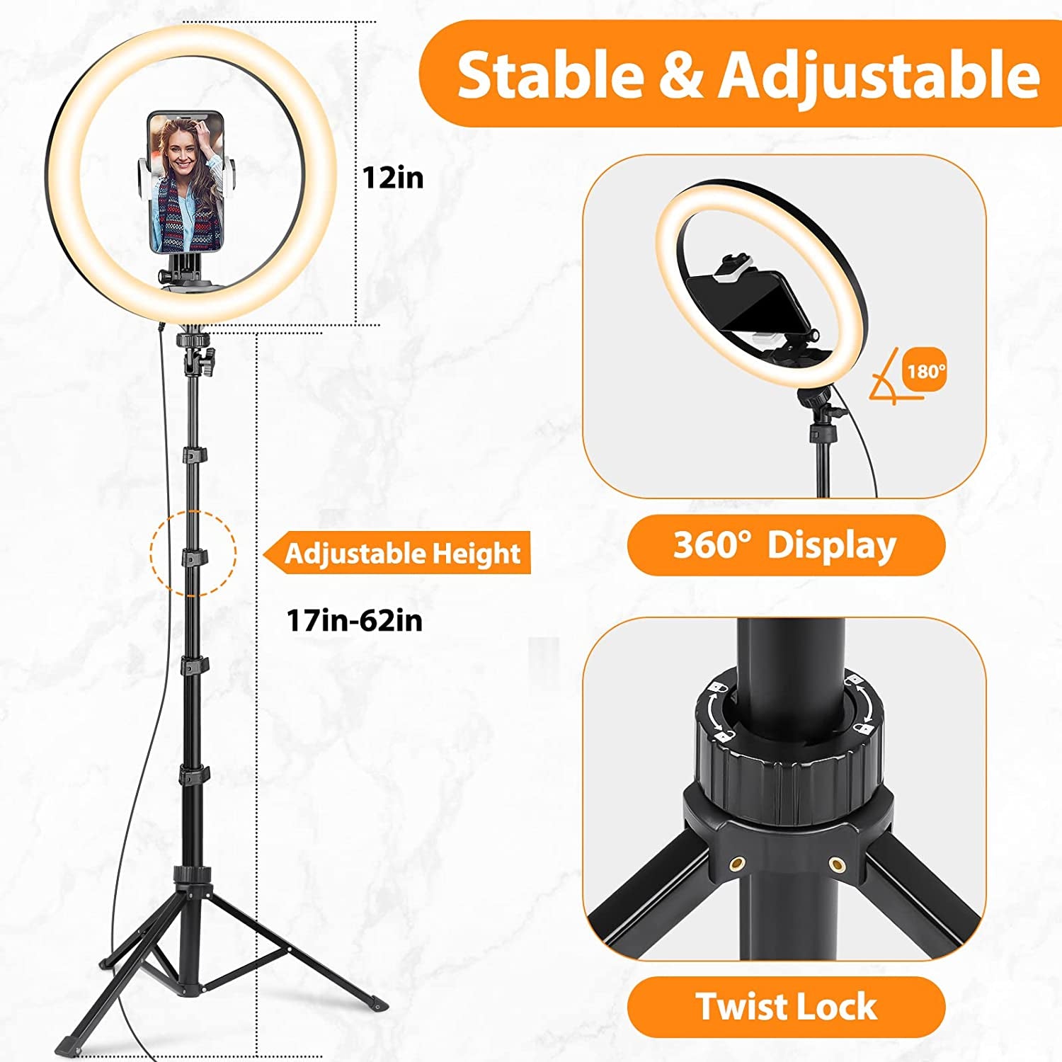 Ubeesize 12'' Ring Light with 62'' Selfie Stick Tripod, LED Ring Light with Stand and Phone Holder for Recording/Makeup/Youtube/Tik Tok, Compatible with Cell Phone, Camera  UBeesize   