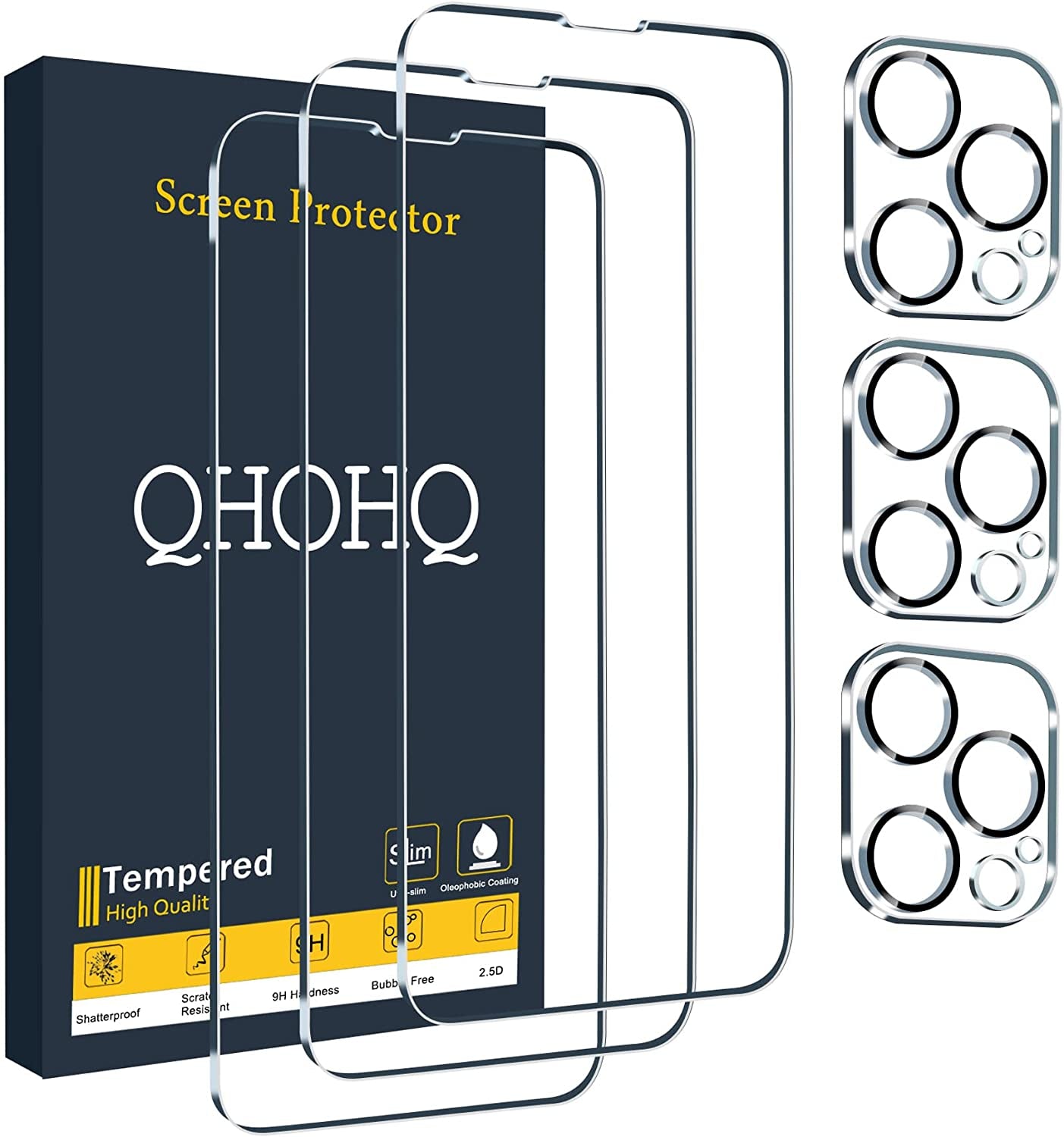QHOHQ 3 Pack Screen Protector for Iphone 13 Pro 6.1 Inch with 3 Pack Tempered Glass Camera Lens Protector, Ultra HD, 9H Hardness, Scratch Resistant - Case Friendly [Not Fit Iphone 13 Pro Max 6.7"]  QHOHQ   