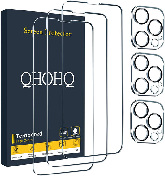 QHOHQ 3 Pack Screen Protector for Iphone 13 Pro 6.1 Inch with 3 Pack Tempered Glass Camera Lens Protector, Ultra HD, 9H Hardness, Scratch Resistant - Case Friendly [Not Fit Iphone 13 Pro Max 6.7"]  QHOHQ   