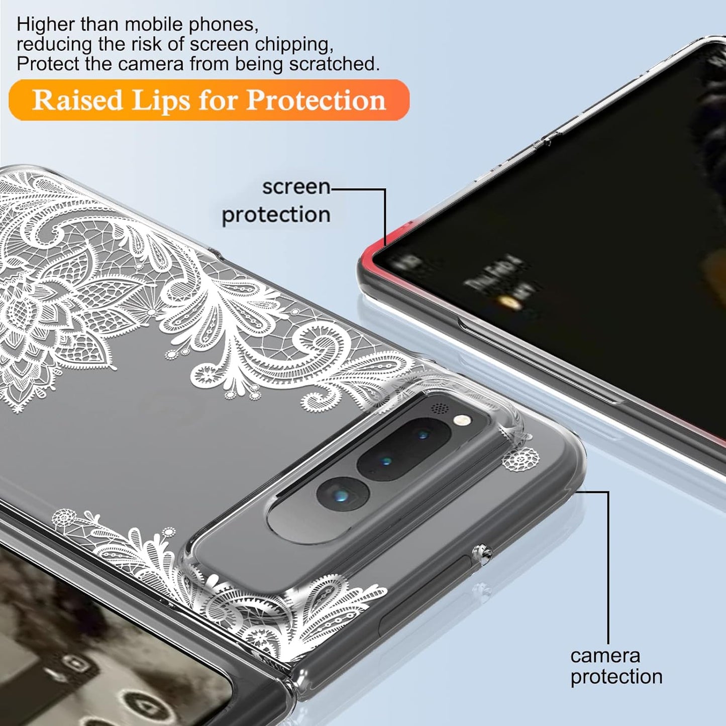 Osophter for Google Pixel Fold 5G Case Clear: Flower Floral for Girls Women Shock-Absorption Transparent Back Cell Phone Cover Cases for Google Pixel Fold 5G(White Lace)  Osophter   