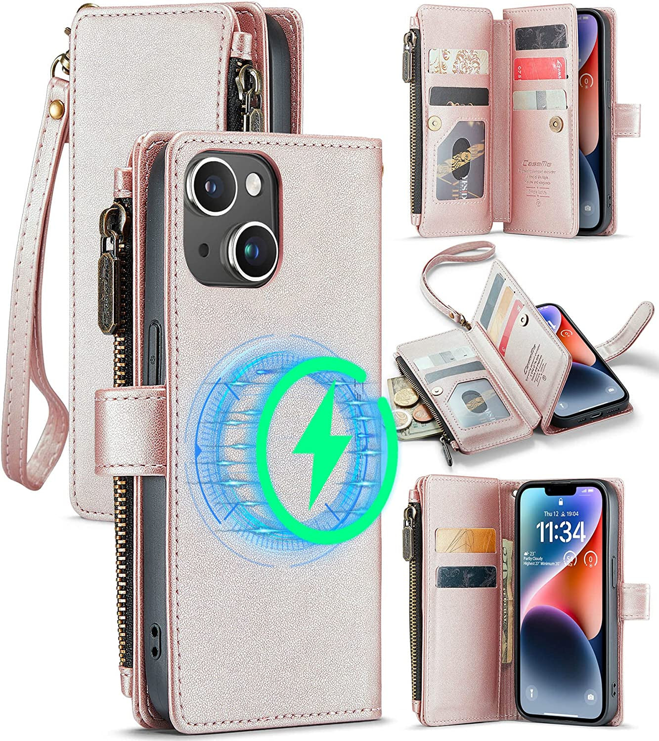 FLIPALM Wallet Case for Iphone 14 Pro(6.1") Flip Case,Compatible with Magsafe Charger,Pu Leather Zipper Protective Lanyard Strap Wristlet Case with Magnetic Closure and Card Holder Luxury Coffee  FLIPALM Rose Gold iPhone 14 