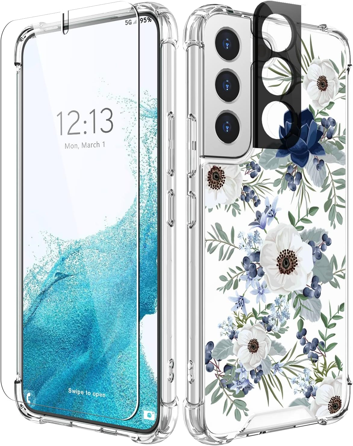 Cutebe Cute Clear Case for Samsung Galaxy S22 6.1 Inch 2022 Released, Shockproof Series Protective Cover with Screen Protector and Camera Lens Protector for Women, Girls  Cutebe Blue And White Floral  