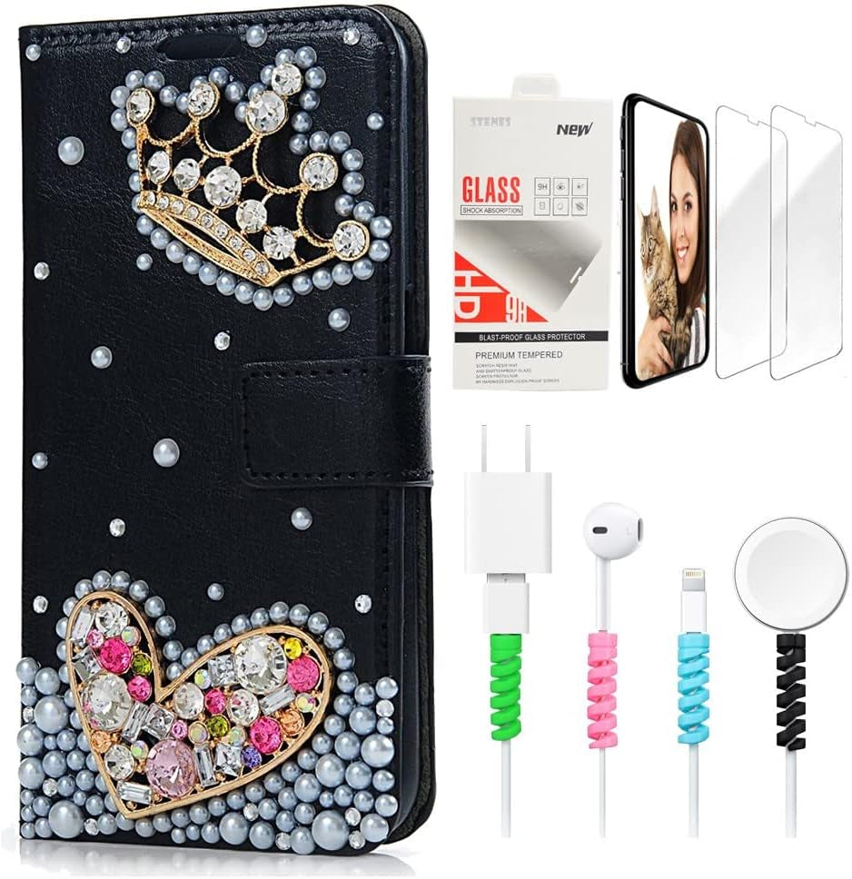 STENES Bling Wallet Phone Case Compatible with LG G7 Thinq - Stylish - 3D Handmade Crown Heart Design Leather Cover with Screen Protector & Cable Protector - Black  STENES   