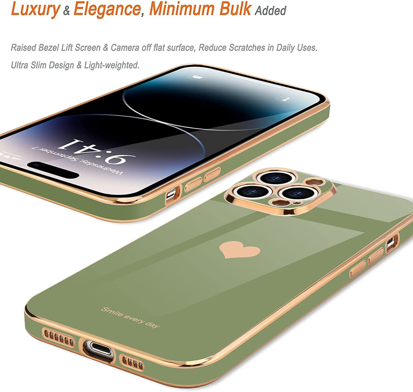 Teageo for Iphone 14 Pro Case for Women Girl Cute Love Heart Luxury Plating Soft Bling Back Cover Raised Full Camera Protection Bumper Silicone Shockproof Phone Case for Iphone 14 Pro, Green  janzee   
