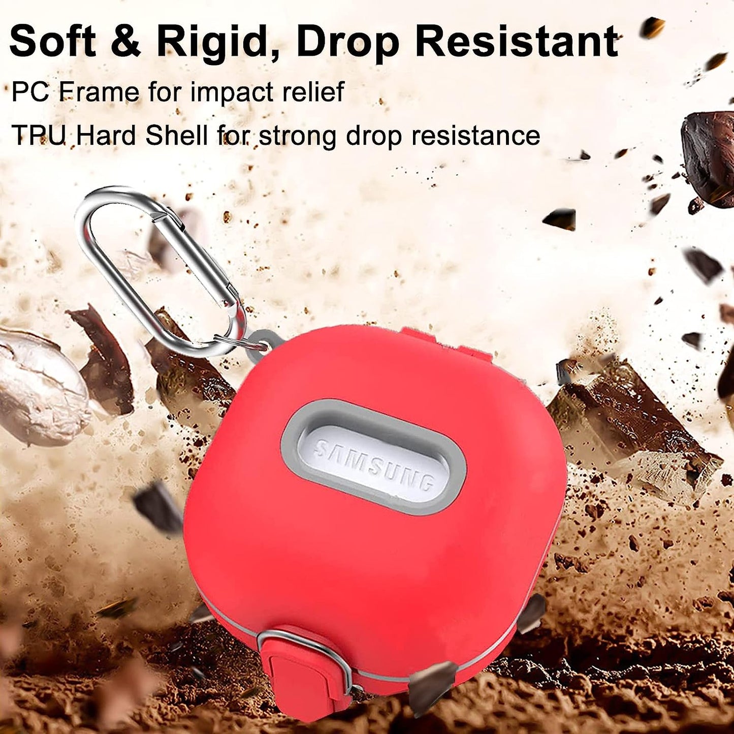 [Upgrade Secure Lock] Case for Samsung Galaxy Buds 2 Pro/Galaxy Buds 2/Galaxy Buds Pro/Galaxy Buds Live, Shock-Absorbing Protective Armor Cover TPU Hard Shell with Carabiner & Lanyard(Red)  VAEKNVG   