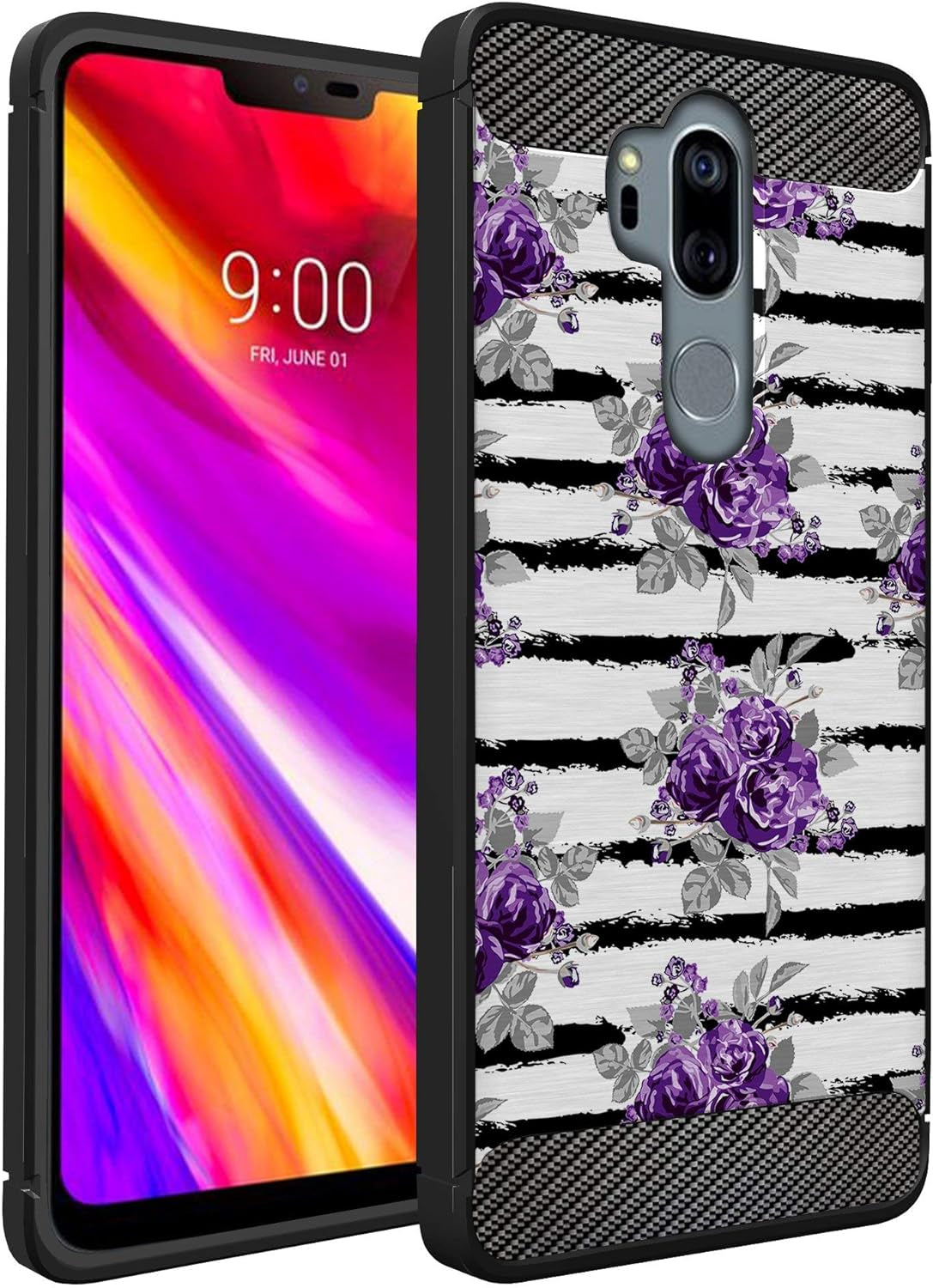 Casesondeck Case Compatible with [LG G7 / LG G7 Thinq] Tribal Floral Matte TPU Flexible Carbon Fiber Textured (Horse Tribal)  CasesonDeck Purple Stripe Flower  
