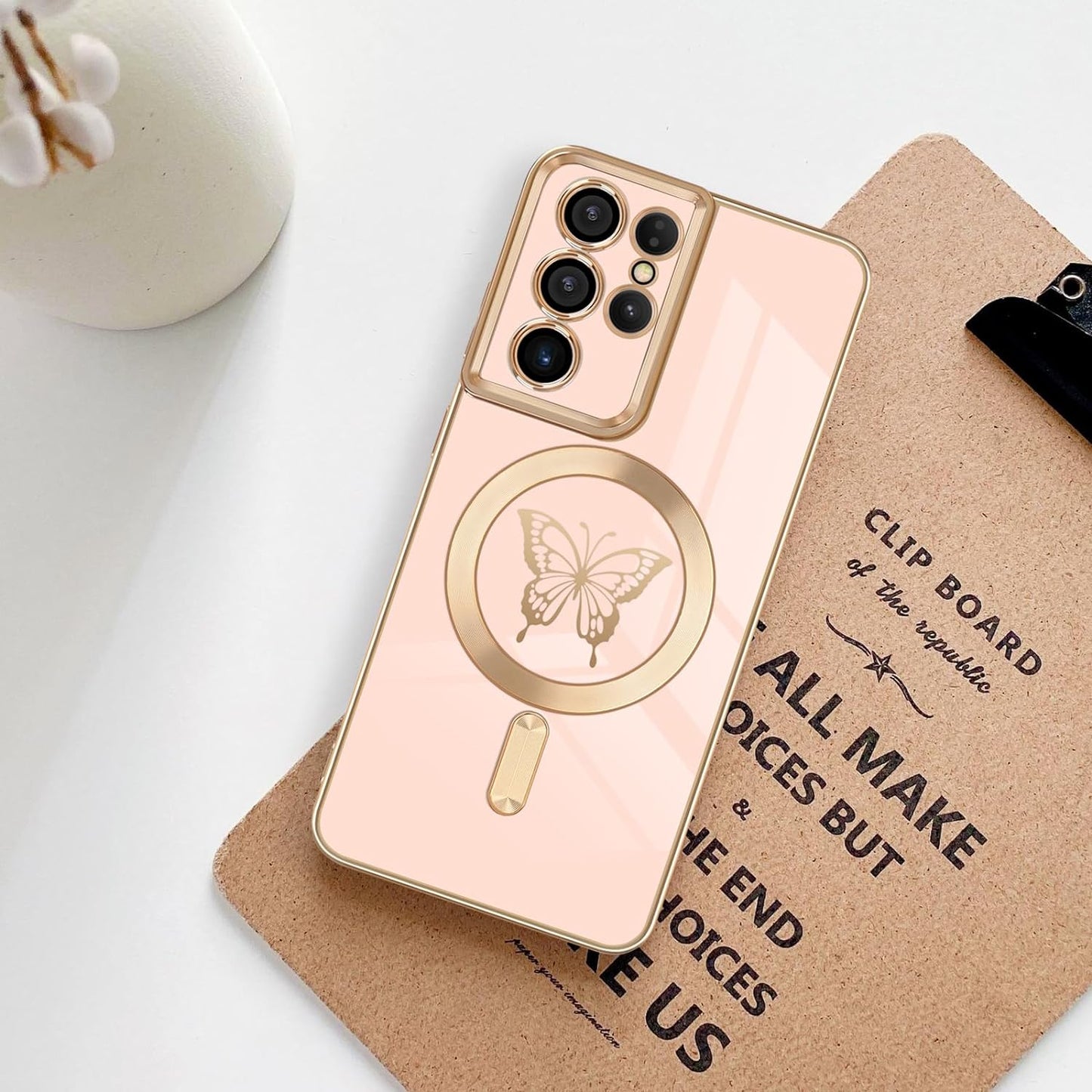 Newseego for Samsung Galaxy S21 Ultra 5G Magnetic Case, Cute Butterfly Plating Edge Case with Magsafe for Women Girls Men Soft TPU Bumper Shockproof Protective Cover for Samsung Galaxy S21 Ultra-Pink  Newseego   