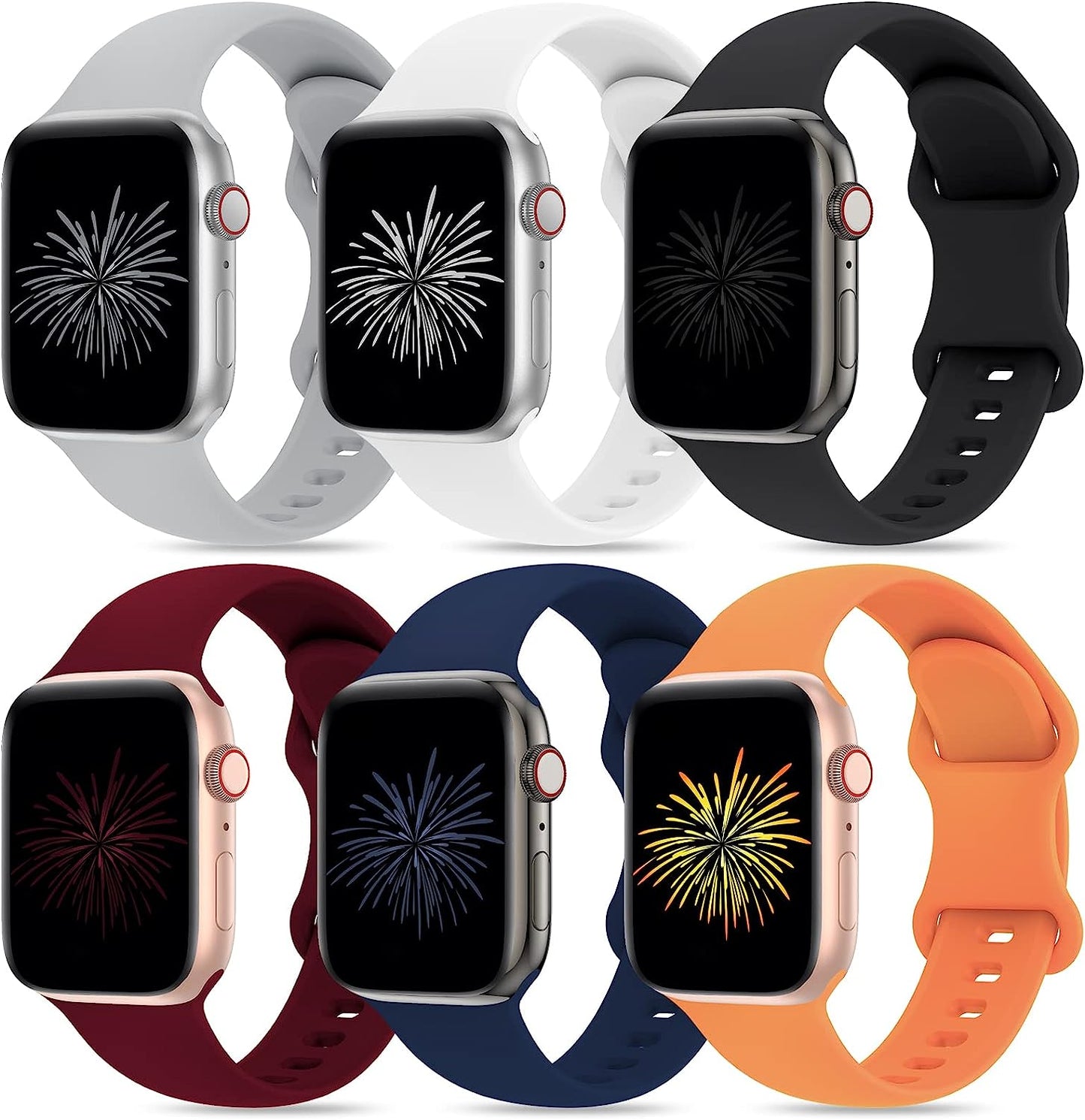 Qrose 6 Pack Bands Compatible with Apple Watch 38Mm 40Mm 41Mm 42Mm 44Mm 45Mm 49Mm, Soft Silicone Replacement Sport Strap Wristbands for Iwatch Series Ultra 8/7/6/5/4/3/2/1 SE Women Men  QRose Gray/White/Black/Wine Red/Navy Blue/Marigold 38/40/41mm 