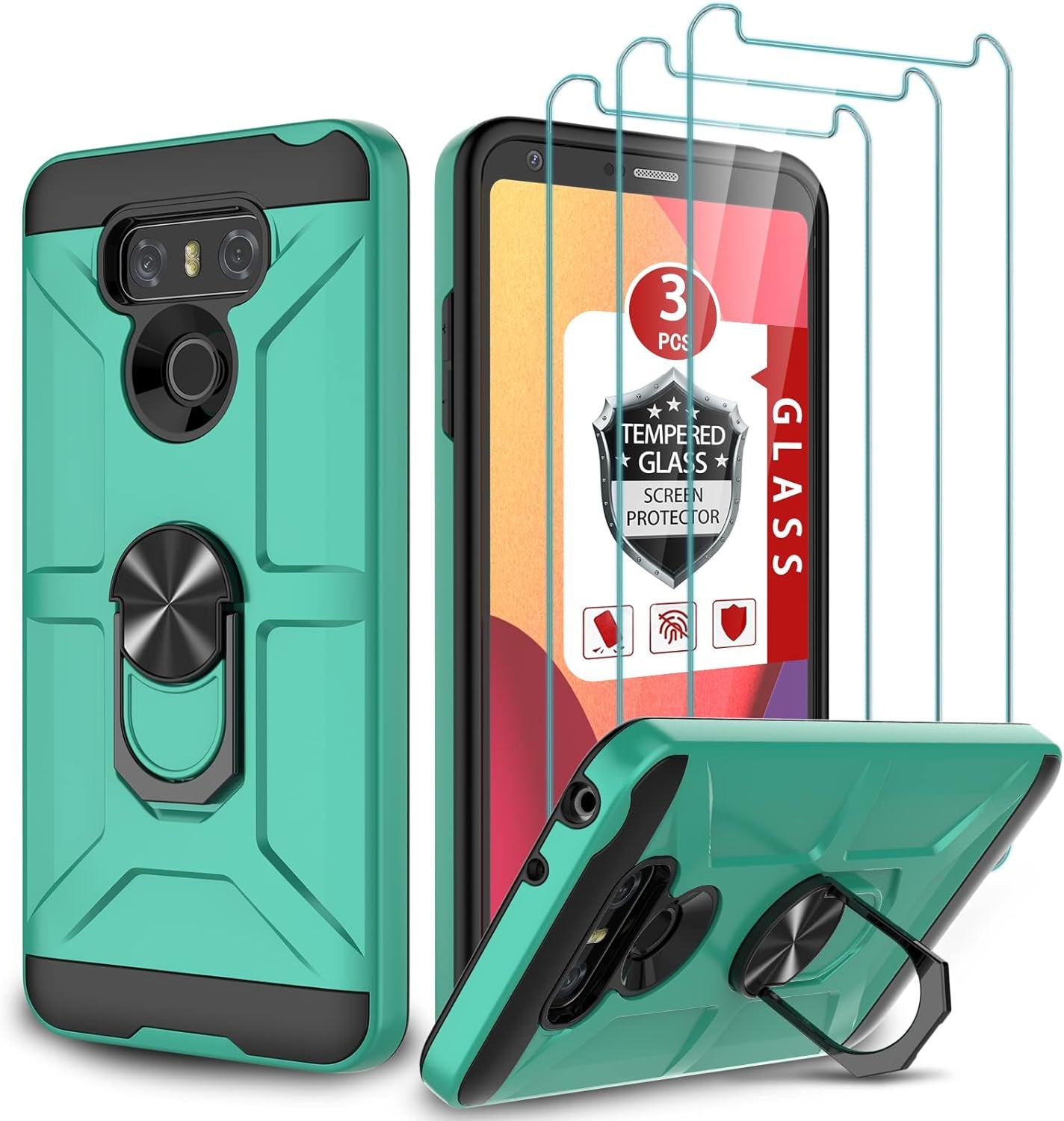 GAMEMIUZ LG G6 Case, LG G6 Case with [3X Tempered Glass Screen Protector], Built-In Ring Kickstand and Magnetic Car Mount Shockproof Dropproof Military Grade Armor Rugged Case for LG G6 - Purple  Gamemi Mint Green  